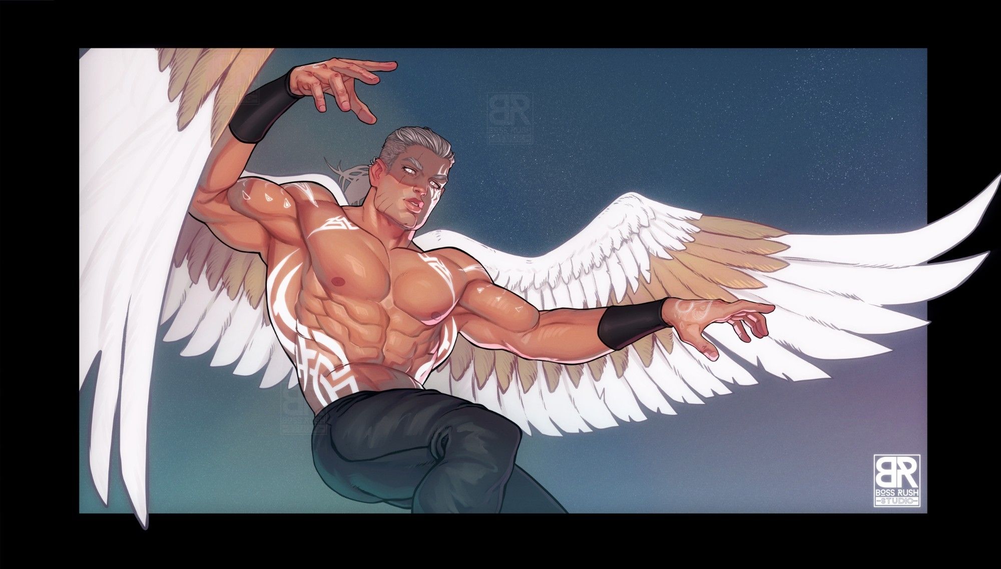 Commission of a winged character in mid air, he has white hair and big muscles