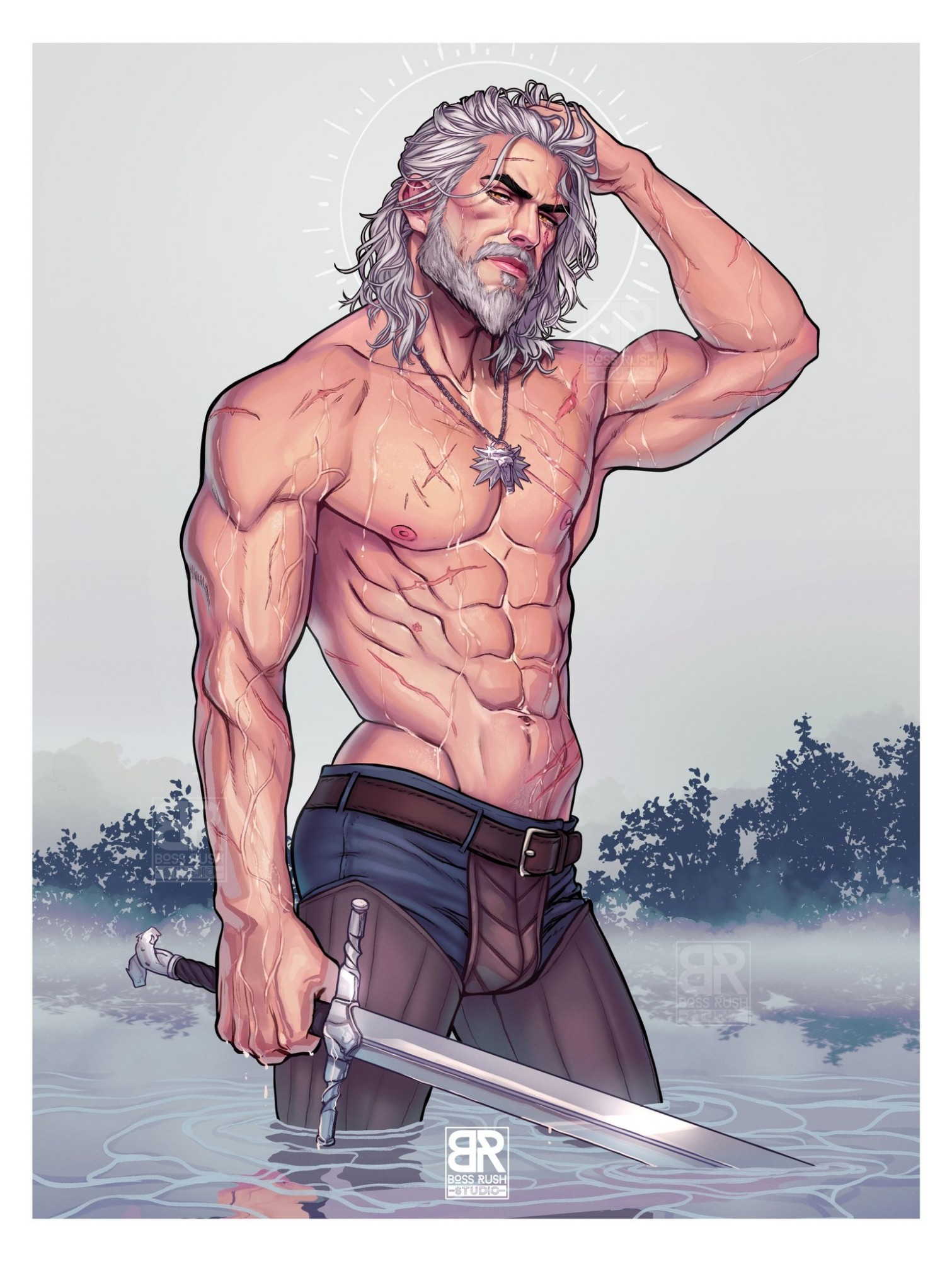 Geralt of Rivia, videogame version, no shirt emerging from the water