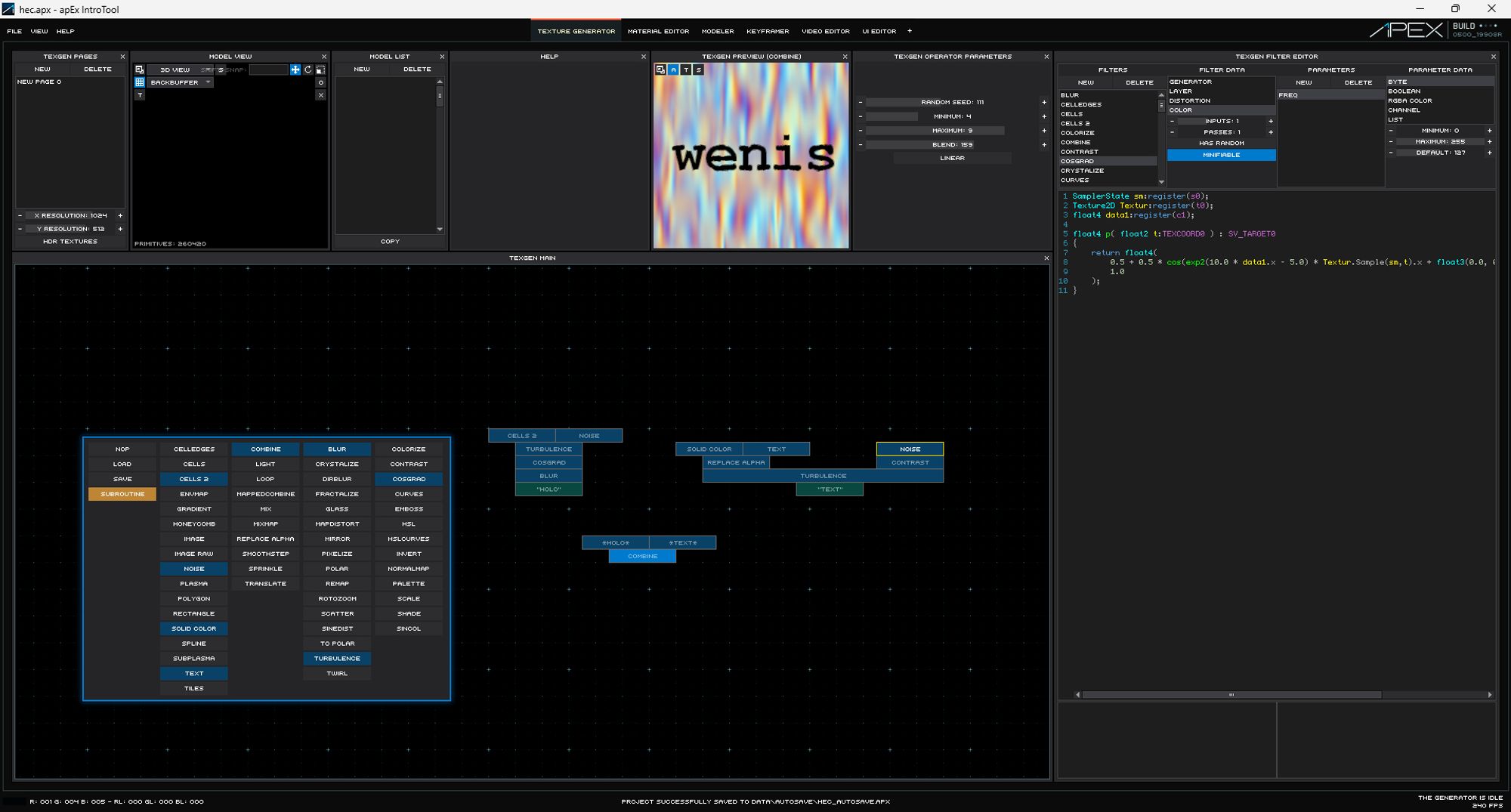 A screenshot of apEx Introtool by Conspiracy. Opening the Texture Generator screen. Generating a texture that says "wenis" using a typewriter font, alpha blended with a holographic noise texture.