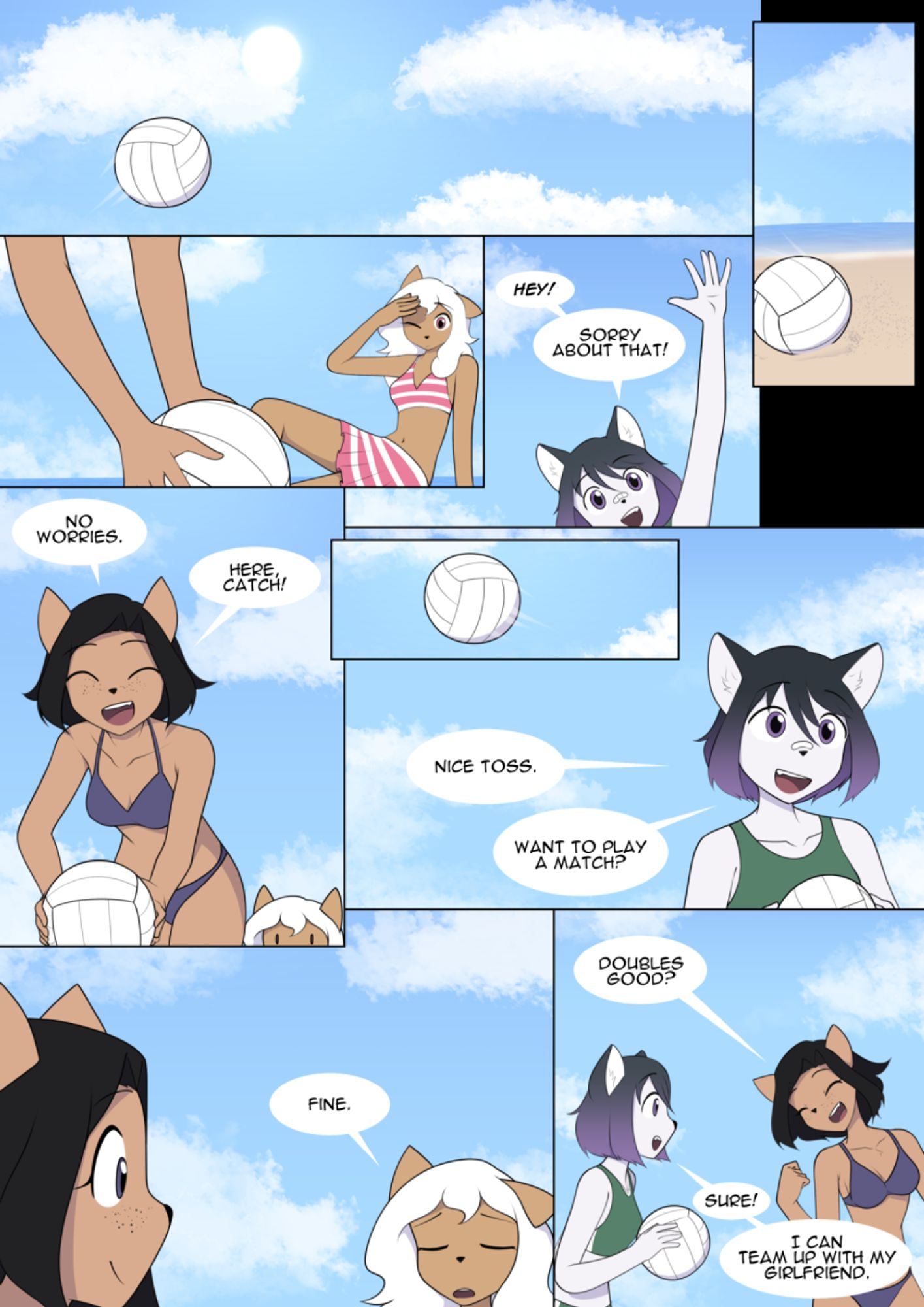 Comic page 1: Maxi, Eris, and Lillie agree to play a game of volleyball.