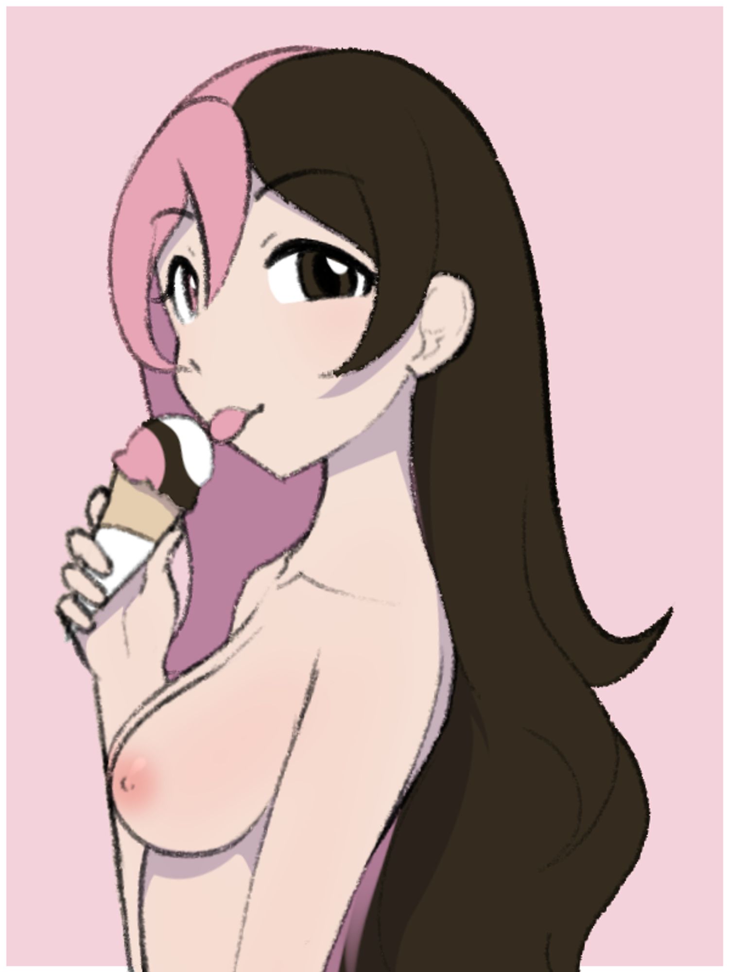 Neopolitan from RWBY naked and eating neopolitan ice cream.