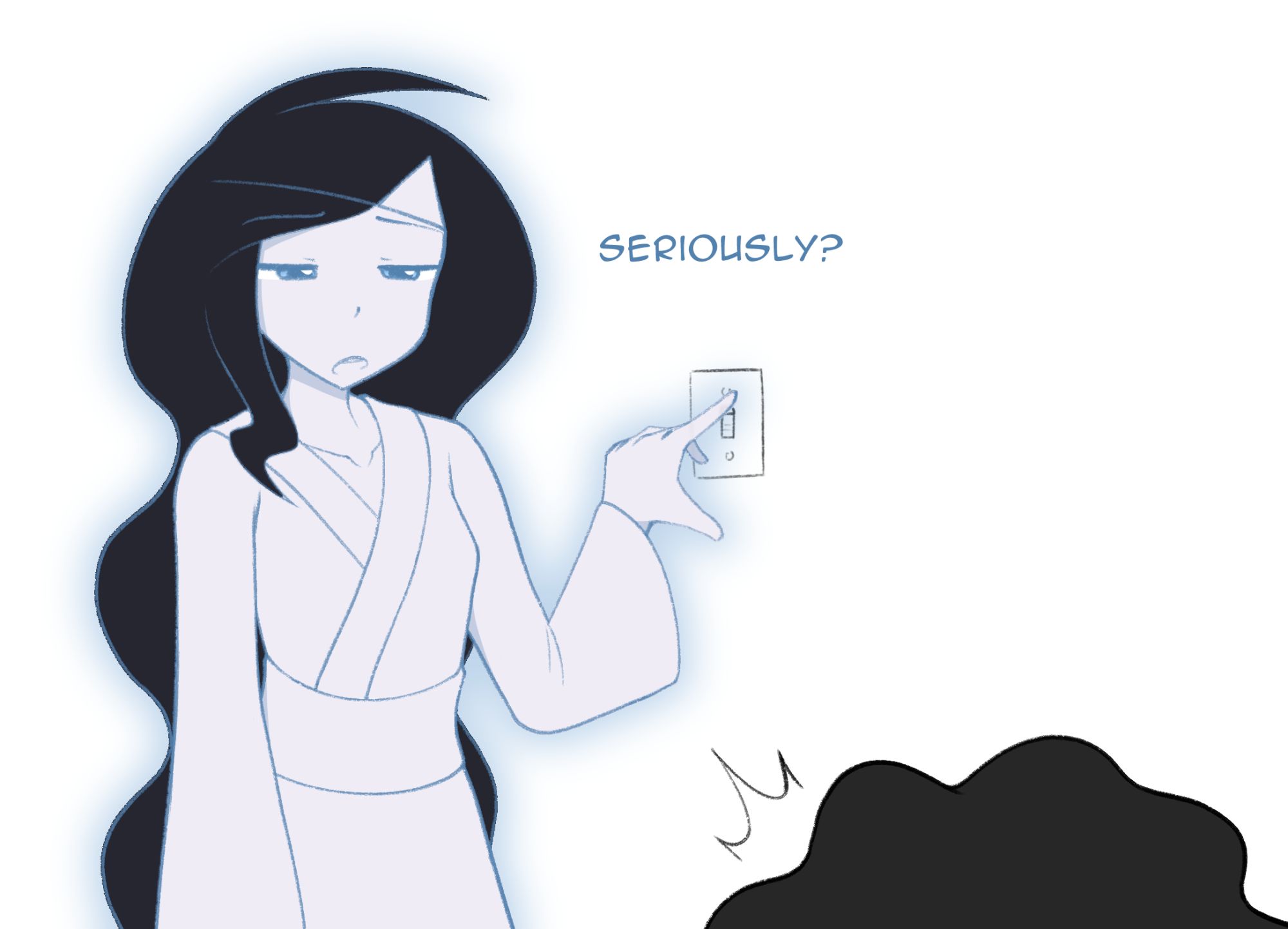 Rei, a Japanese sprit, flicking on a light switch and asking "Seriously?".