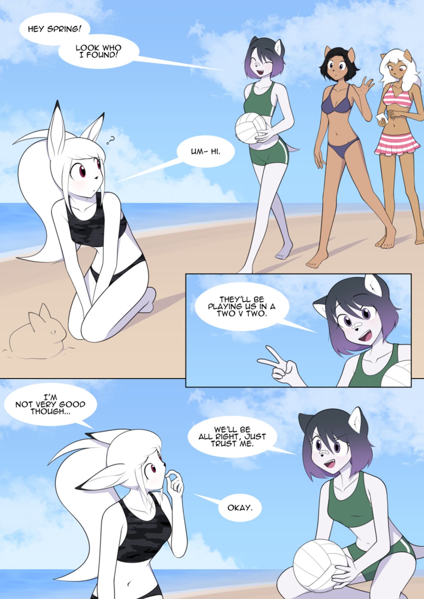 Comic page 2: The group recruits Spring the rabbit for volleyball.