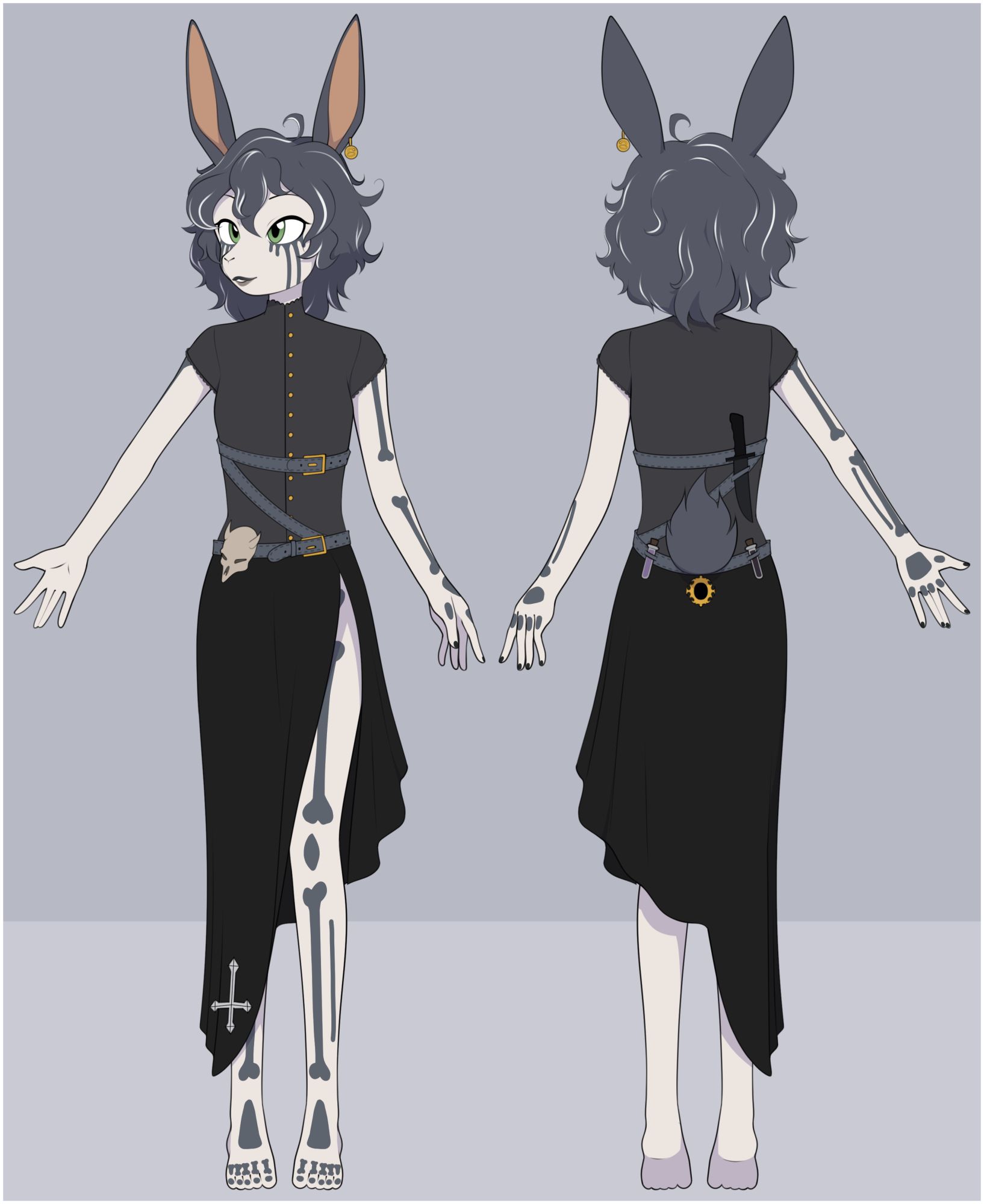 Front and back pose of a furry bunny girl with bone tattoos and messy short hair.