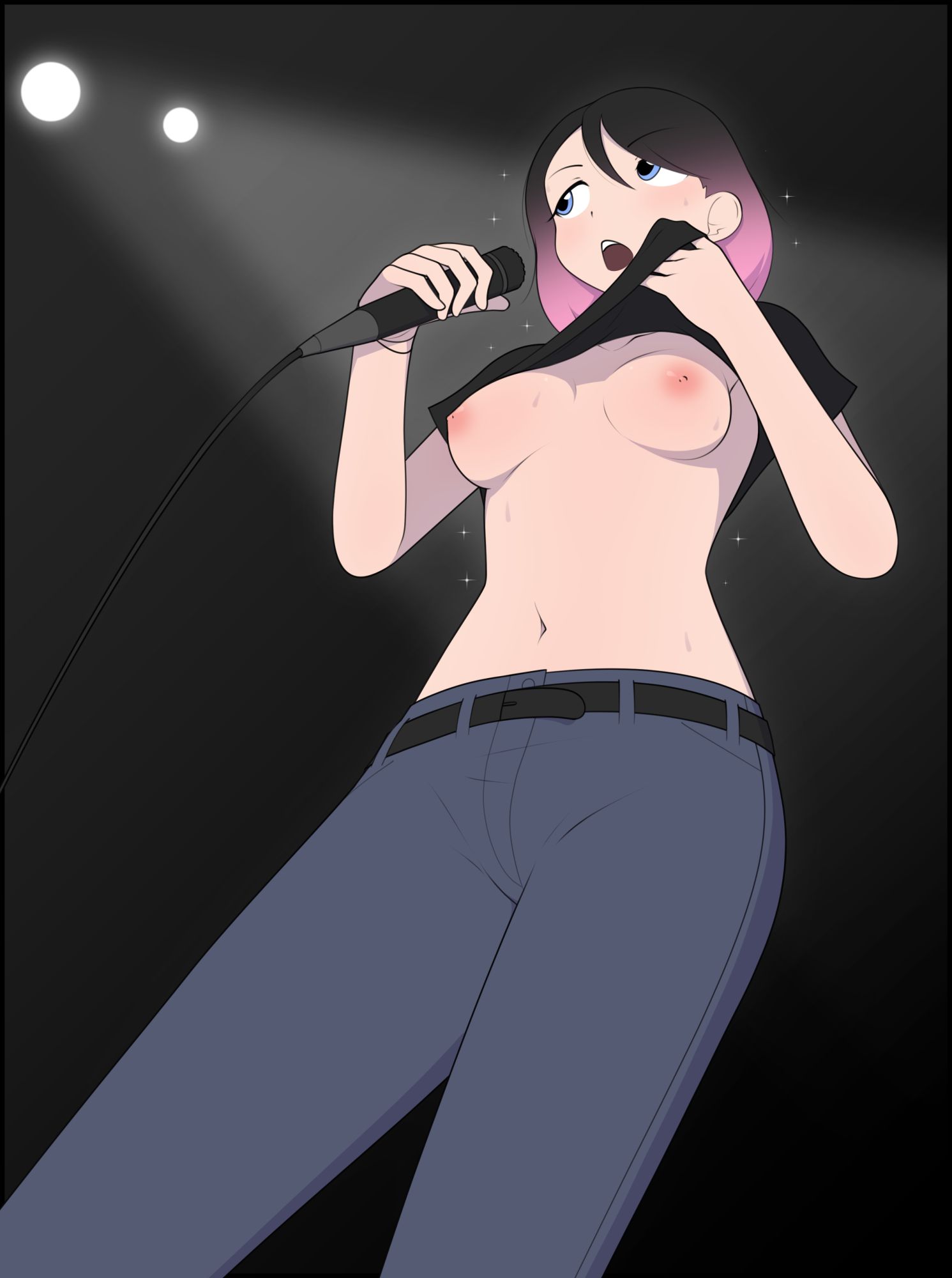 My rocker character, Crystal, performing with a mic on stage. She's wiping sweat from her cheek with her shirt, exposing her breasts.