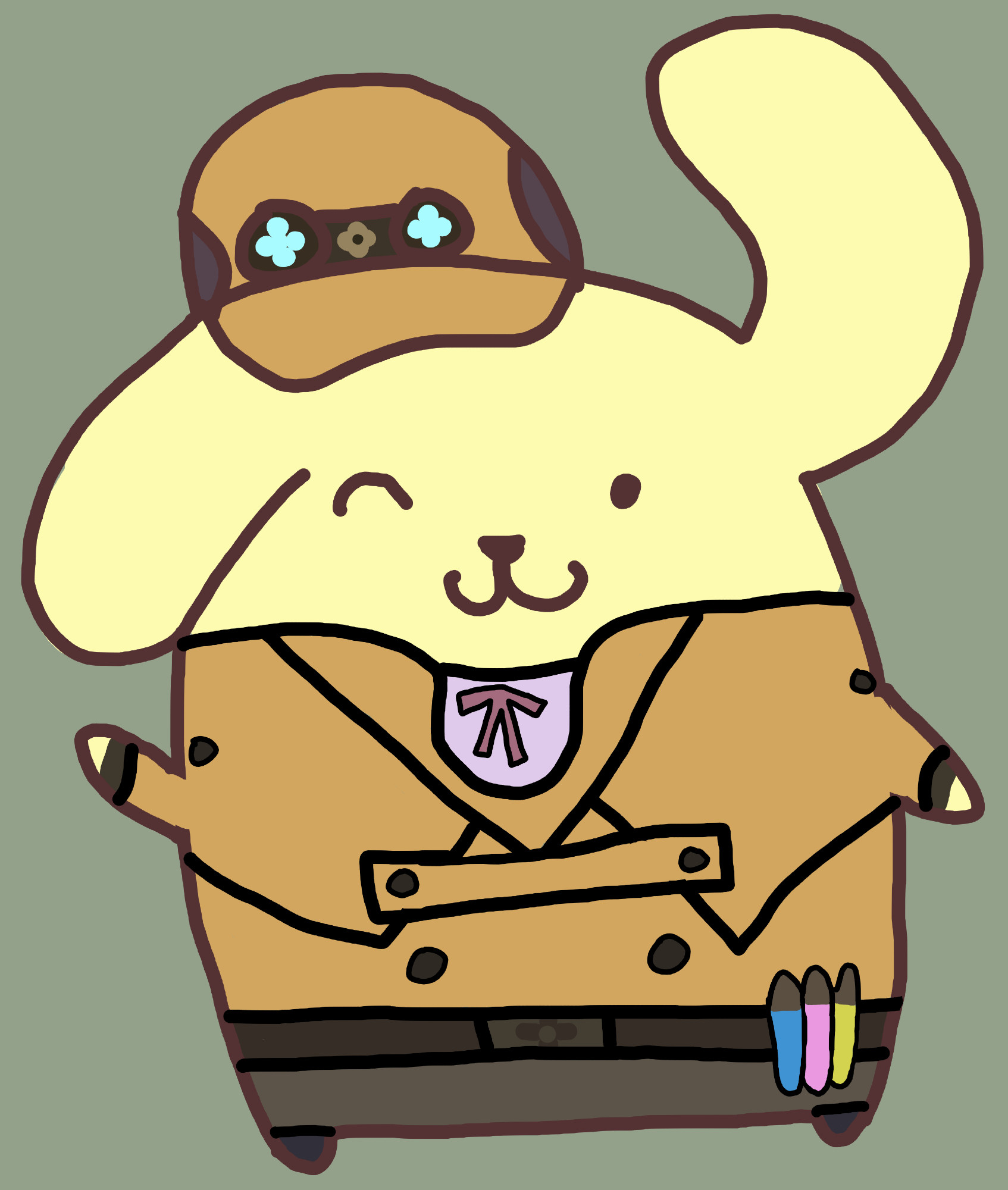 a digital drawing of pompompurin. he is dressed as herlock sholmes from tgaa