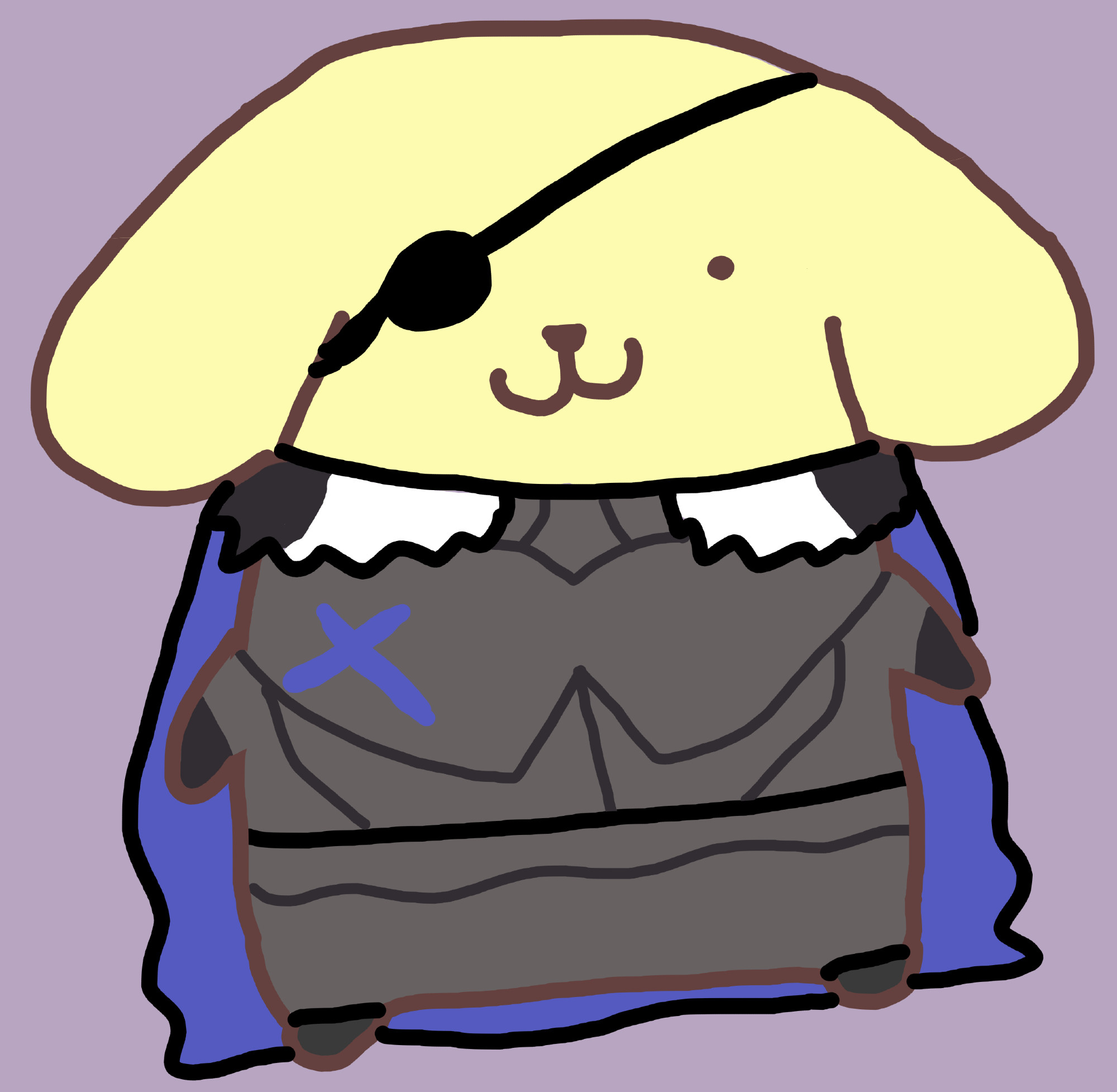 a digital drawing of pompompurin. he is dressed as dimitri post timeskip (complete with an eyepatch) 