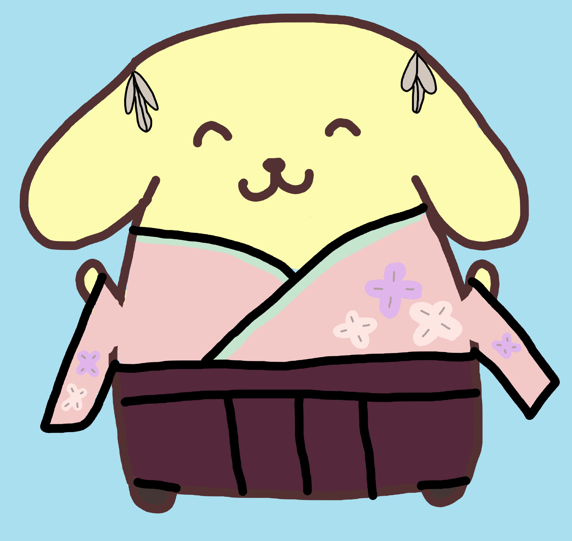 a digital drawing of pompompurin. he is dressed as susato mikotoba. 