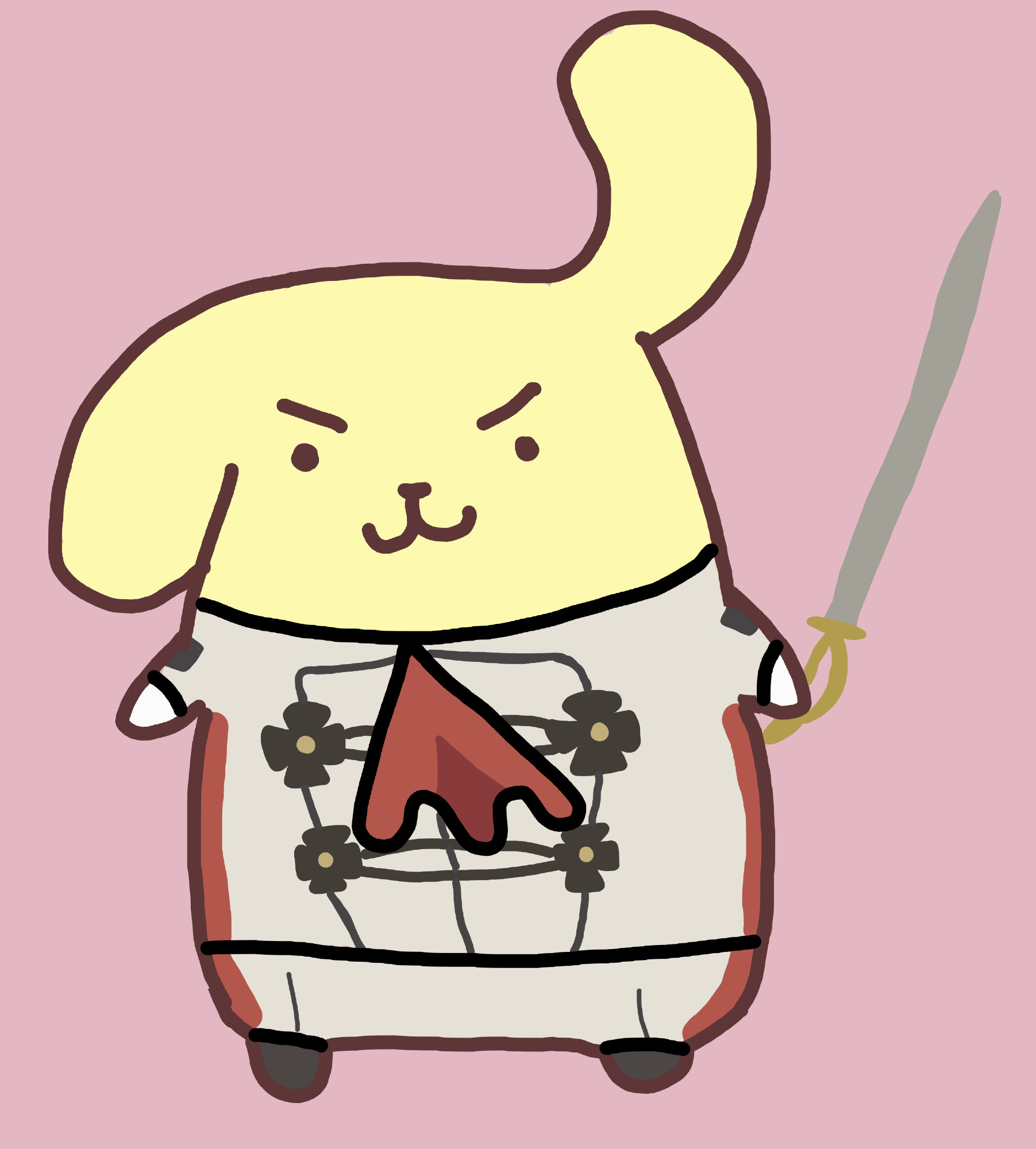 a digital drawing of pompompurin. he is dressed in kazuma's prosecutor outfit and is holding a sword. 