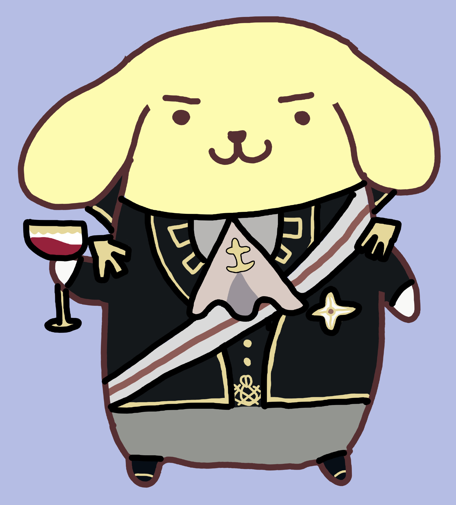 a digital drawing of pompompurin dressed as barok van zieks. he is holding a little chalice of wine 