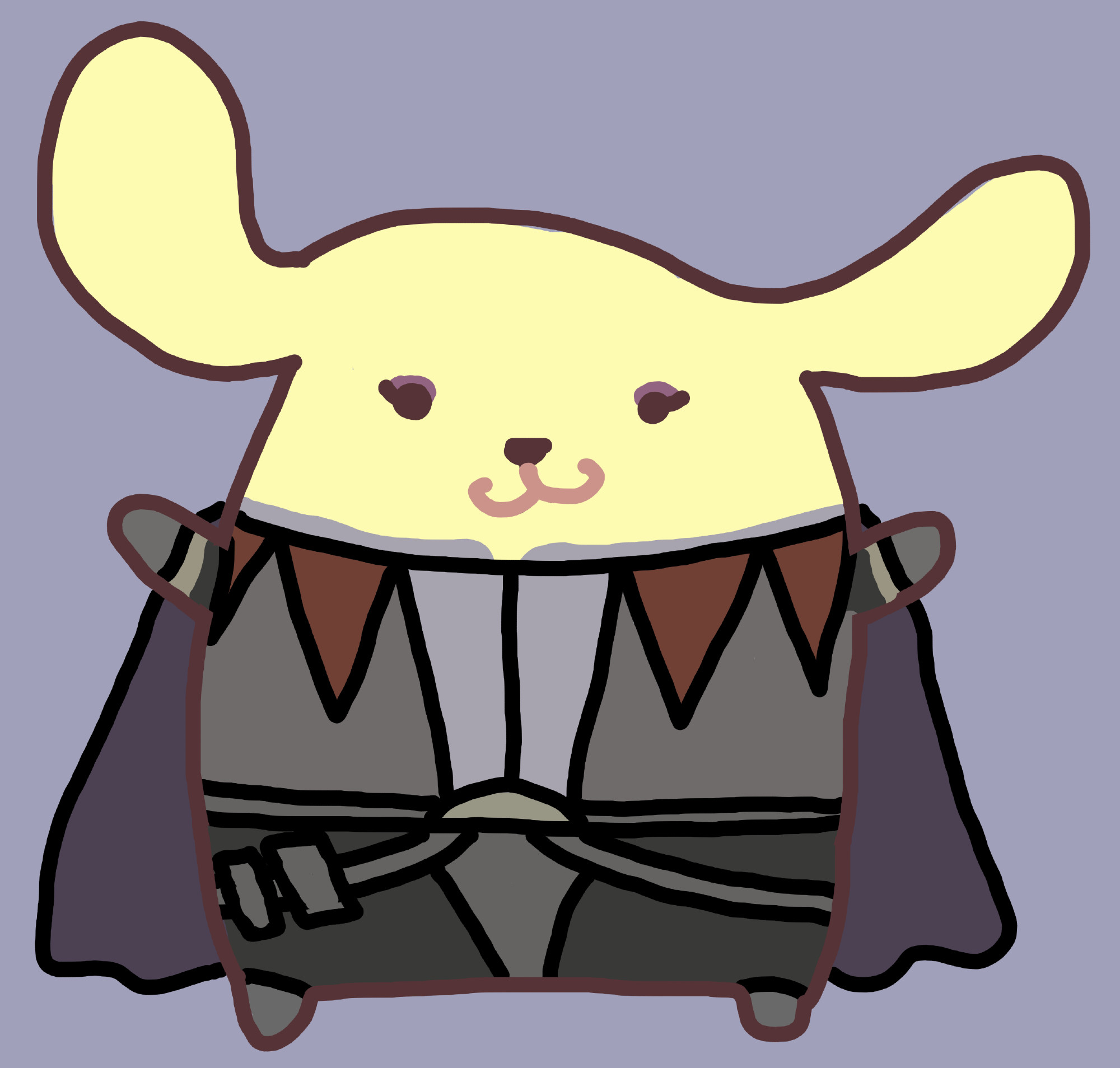 a digital drawing of pompompurin. he is dressed as yuri leclerc (post timeskip outfit). he is also wearing purple eyeshadow and his lips are pink 