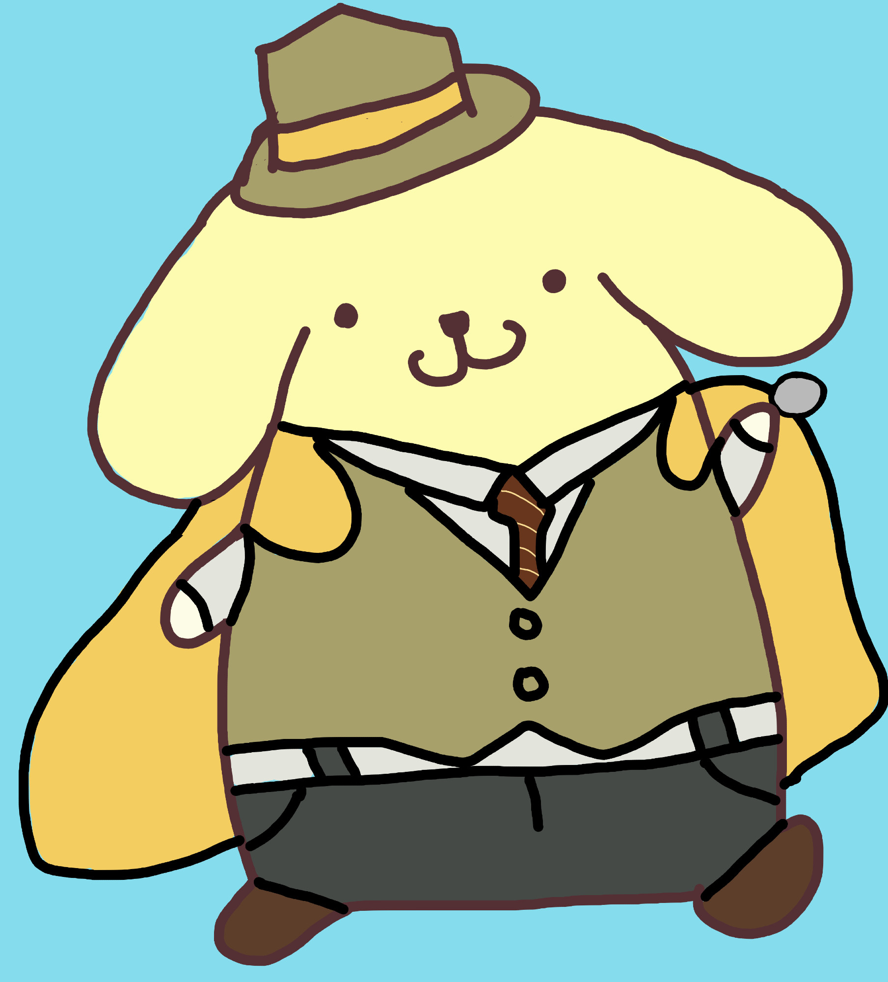 a digital drawing of pompompurin. he is dressed as partitio from octopath traveler 2