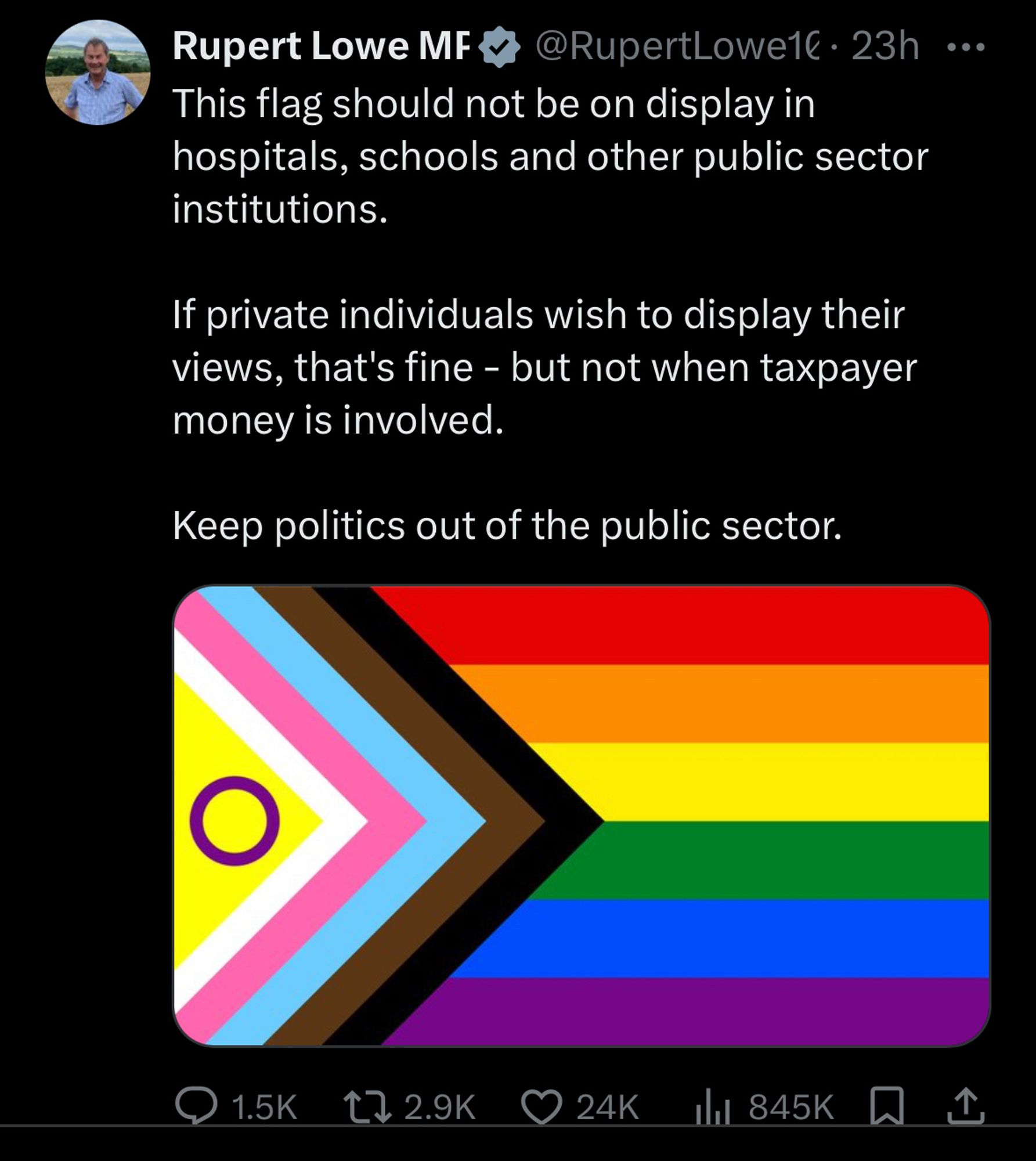 Rupert Lowe MFv @RupertLowe1€• 23h...
This flag should not be on display in hospitals, schools and other public sector institutions.
If private individuals wish to display their views, that's fine - but not when taxpayer money is involved.
Keep politics out of the public sector.