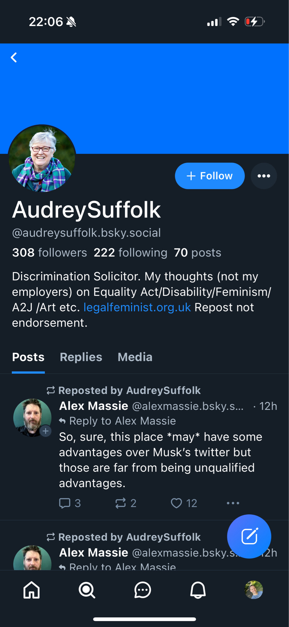 AudreySuffolk
@audreysuffolk.bsky.social
308 followers 222 following 70 posts
Discrimination Solicitor. My thoughts (not my employers) on Equality Act/Disability/Feminism/ A2J /Art etc. legalfeminist.org.uk Repost not endorsement.