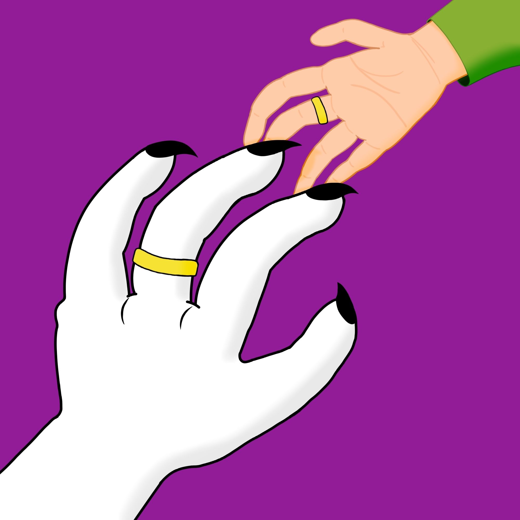 Two hands representing Snufkin and Moomintroll, Moomintroll's being much larger than Snufkin's. They are gently touching fingertips together. They are also both wearing wedding bands. Digital art.