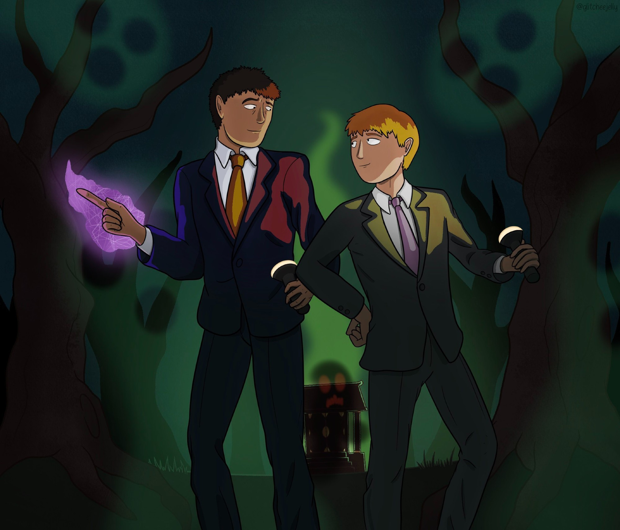 Serizawa et Reigen de Mob Psycho 100 se regardant avec un air plein de tendresse dans une forêt remplie d'esprits