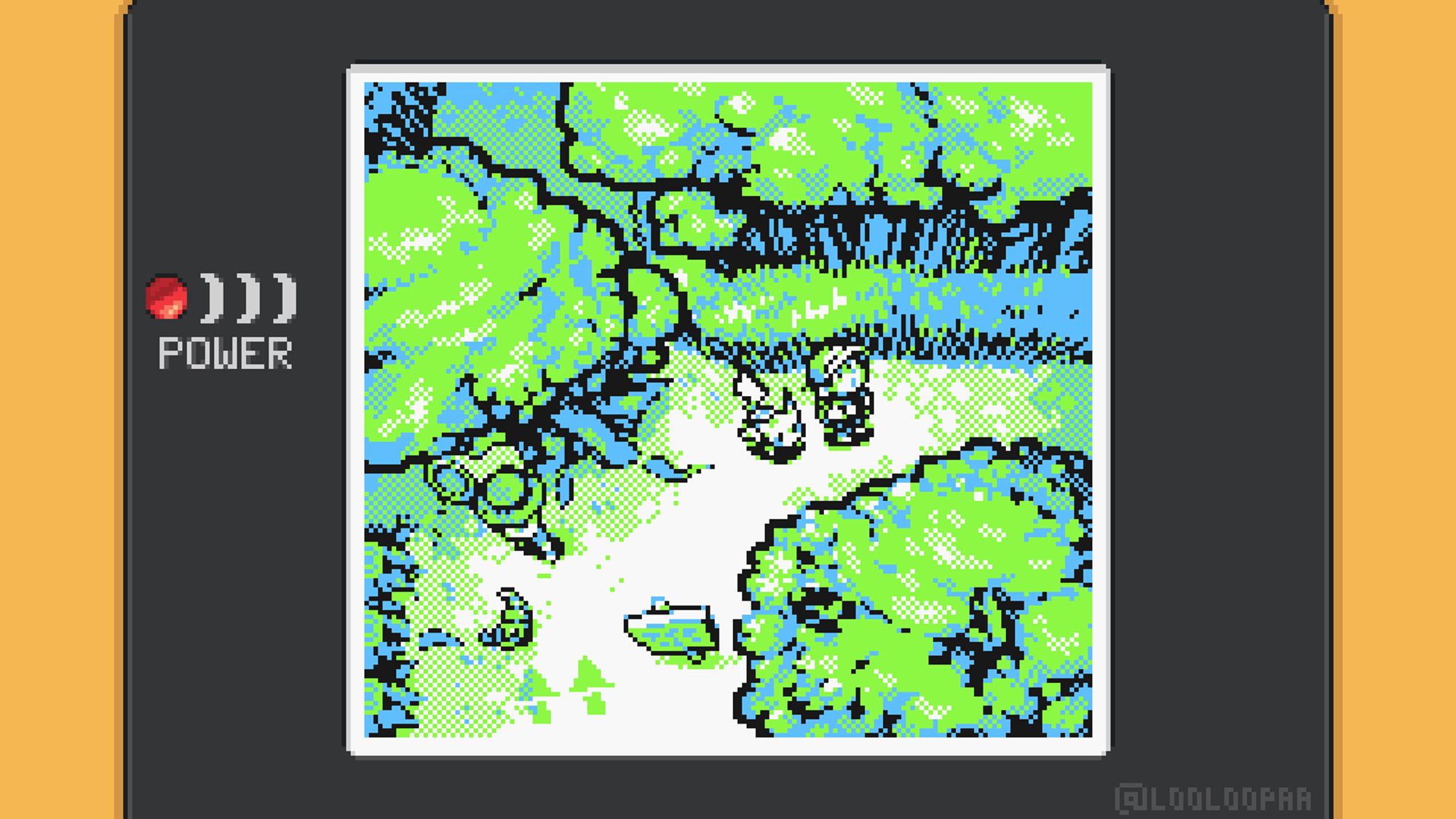 exaggerated pixel art depiction of the veridian forest from pokemon