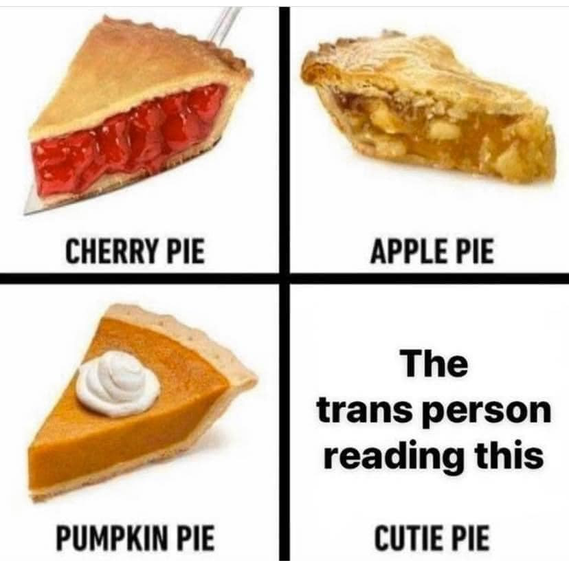 Cherry pie: Cherry pie
Apple Pie: Apple Pie
Pumpkin Pie: Pumpkin Pie
Cutie pie: the trans person reading this