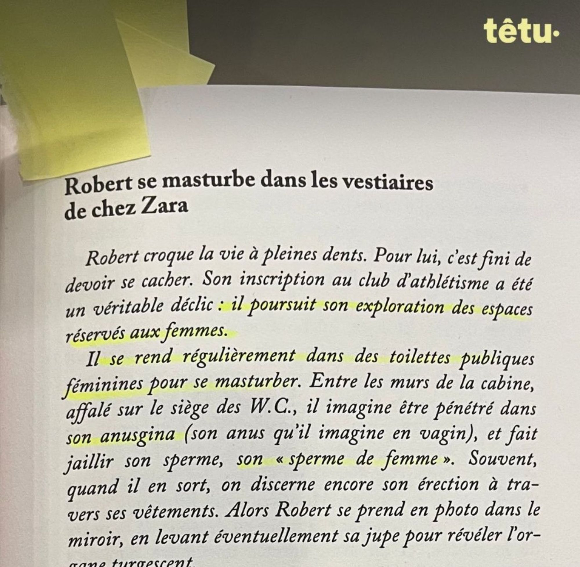 Robert se masturbe dans les vestiaires de chez Zara

Robert croque la vie à pleines dents. Pour lui, c'est fini de devoir se cacher. Son inscription au club d'athlétisme a été un véritable déclic: il poursuit son exploration des espaces réservés aux femmes.
Il se rend réguliérement dans les toilettes publiques féminines pour se masturber. Entre les murs de la cabine, affalé sur le siège des W;C;, il imagine être pénétré dans son anusgina (son anus qu'il imagine en vagin), et fait jaillir son sperme, son "sperme de femme". Souvent, quand il en sort, on discerne encore son érection à travers ses vêtements. Alors Robert se prend en photo dans le miroir, en levant éventuellement sa jupe pour révéler l'organe turgescent.