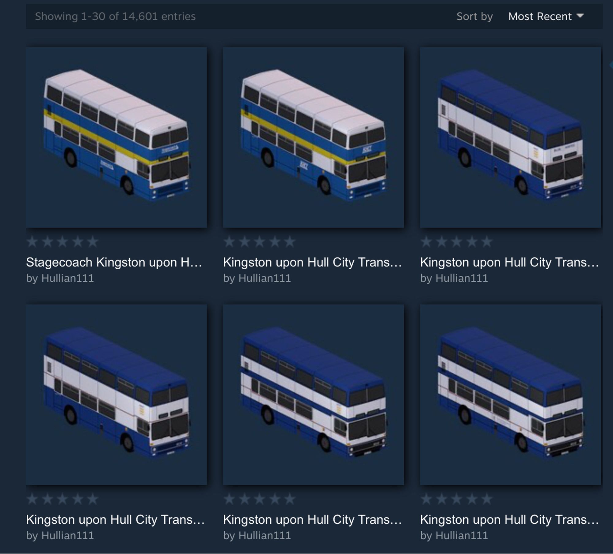 Screenshot of Steam Community Workshop tab for City Bus Manager featuring six freshly-uploaded Kingston upon Hull City Transport bus repaints.