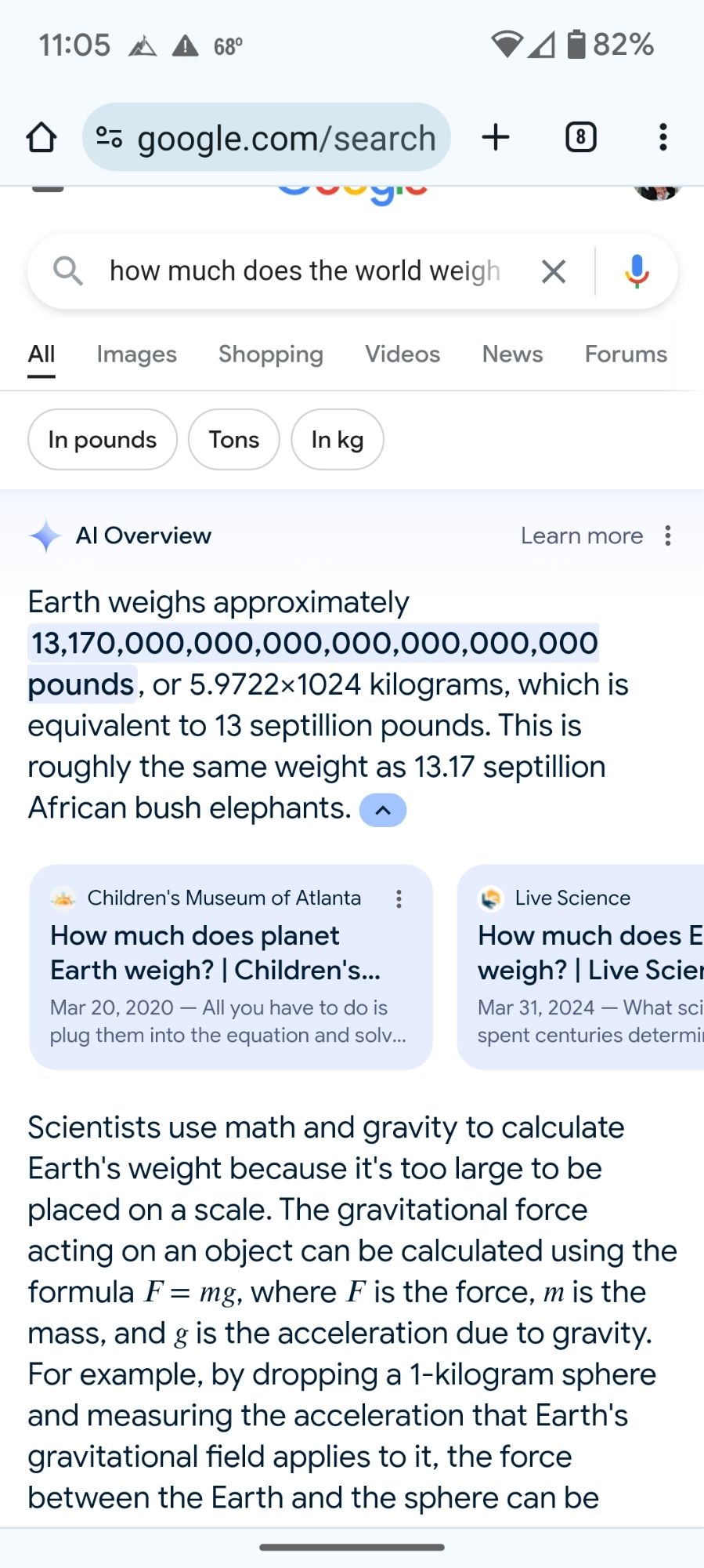 A screenshot of an AI responding to the question "how much does the earth weigh?" It answers 13.17 septillion pounds, equivalent to 13.17 septillion African bush elephants.