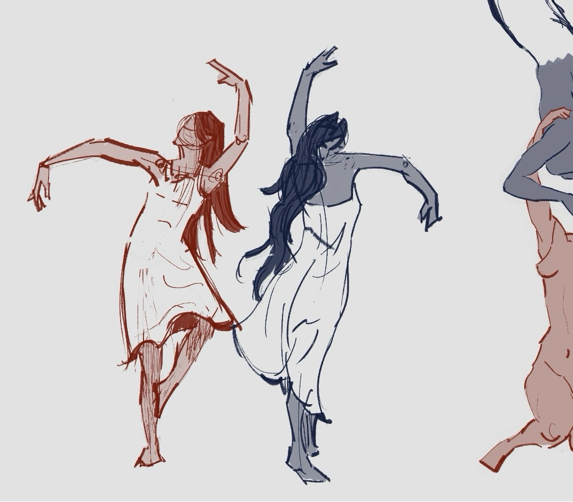 digital doodle of figure drawings of OCs Lu Xi (left) and Zhu Nuo (right). the two are mid-dancing and mirroring each other's movement. both are wearing loose white dresses and facing away from each other.