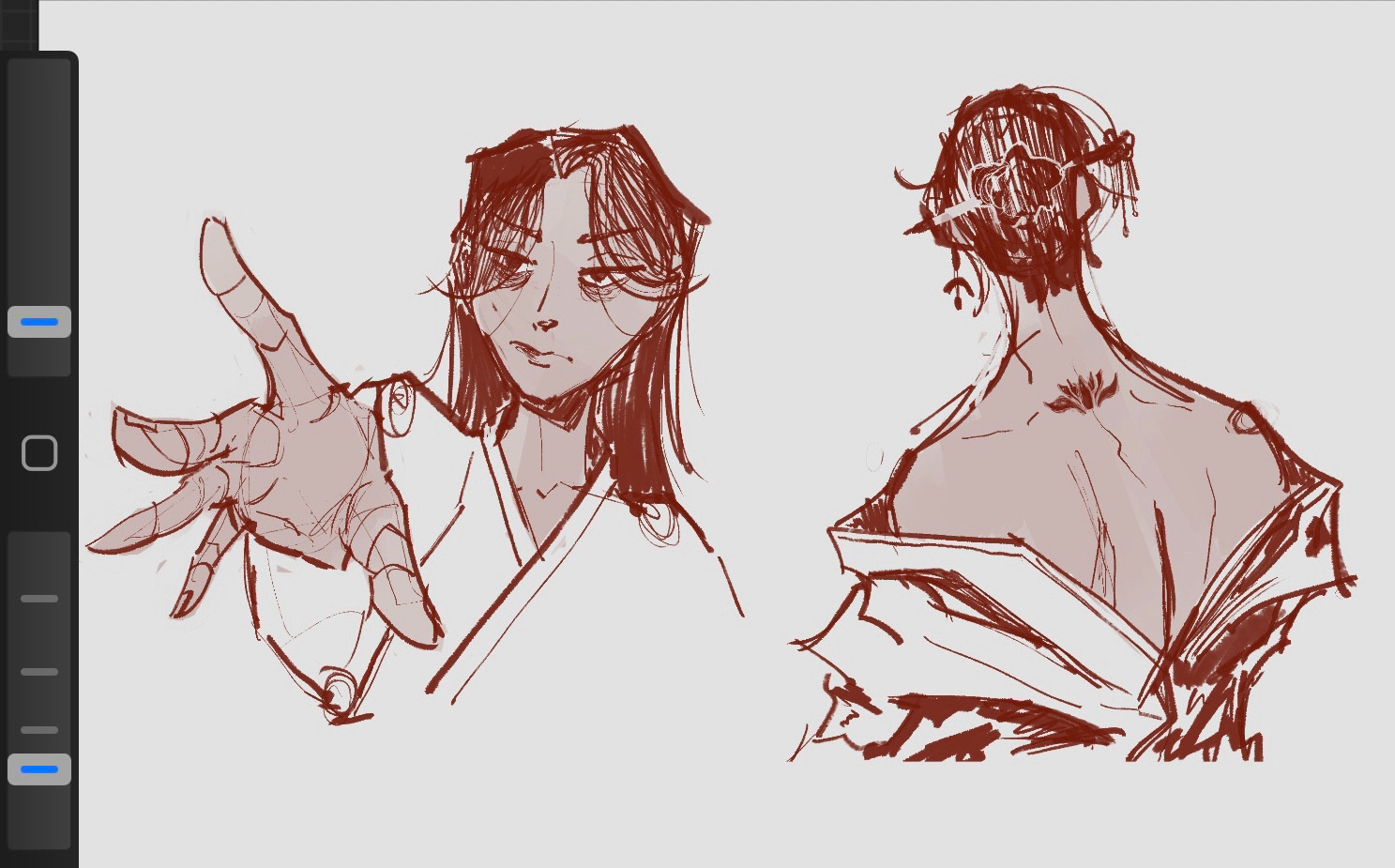 digital doodles of Lu Xi (OC).
left is of LX reaching her right hand towards viewers.
right is a back view with her hair pinned up and hanfu pulled down to reveal her backside and a tattoo of a lotus at the base of her neck.