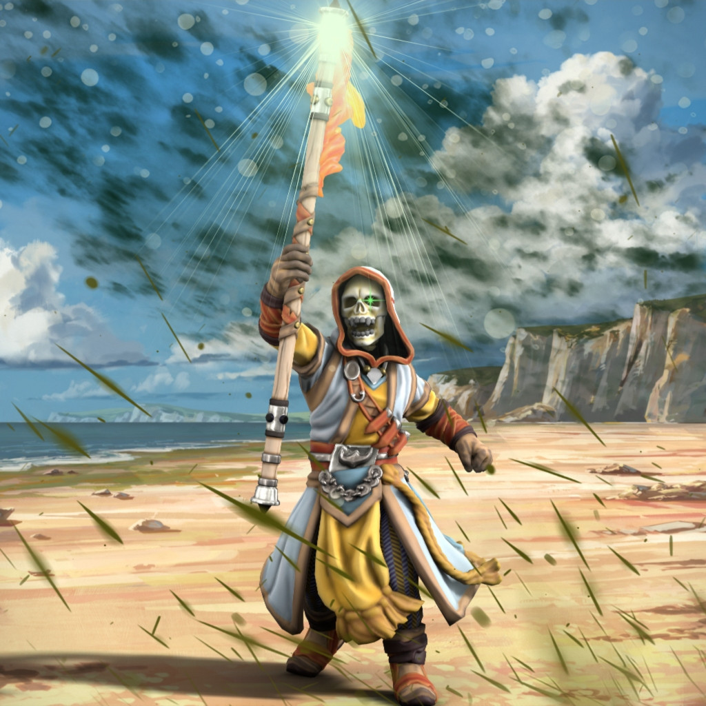 A skeletal figure in yellow and gold robes holding aloft a magical staff on a beach, surrounded by sickly green clouds and sparks
