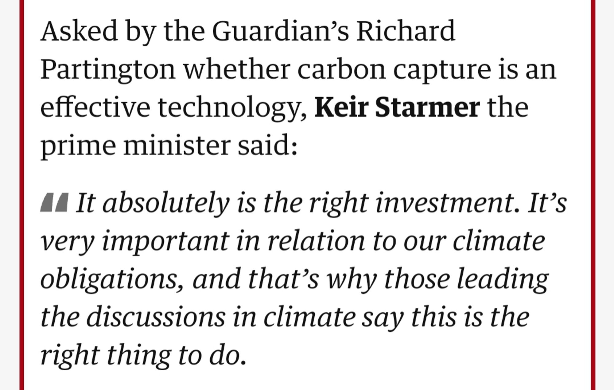 Starmer defending carbon capture by saying that 'those leading the discussions in climate say its the right thing to do'