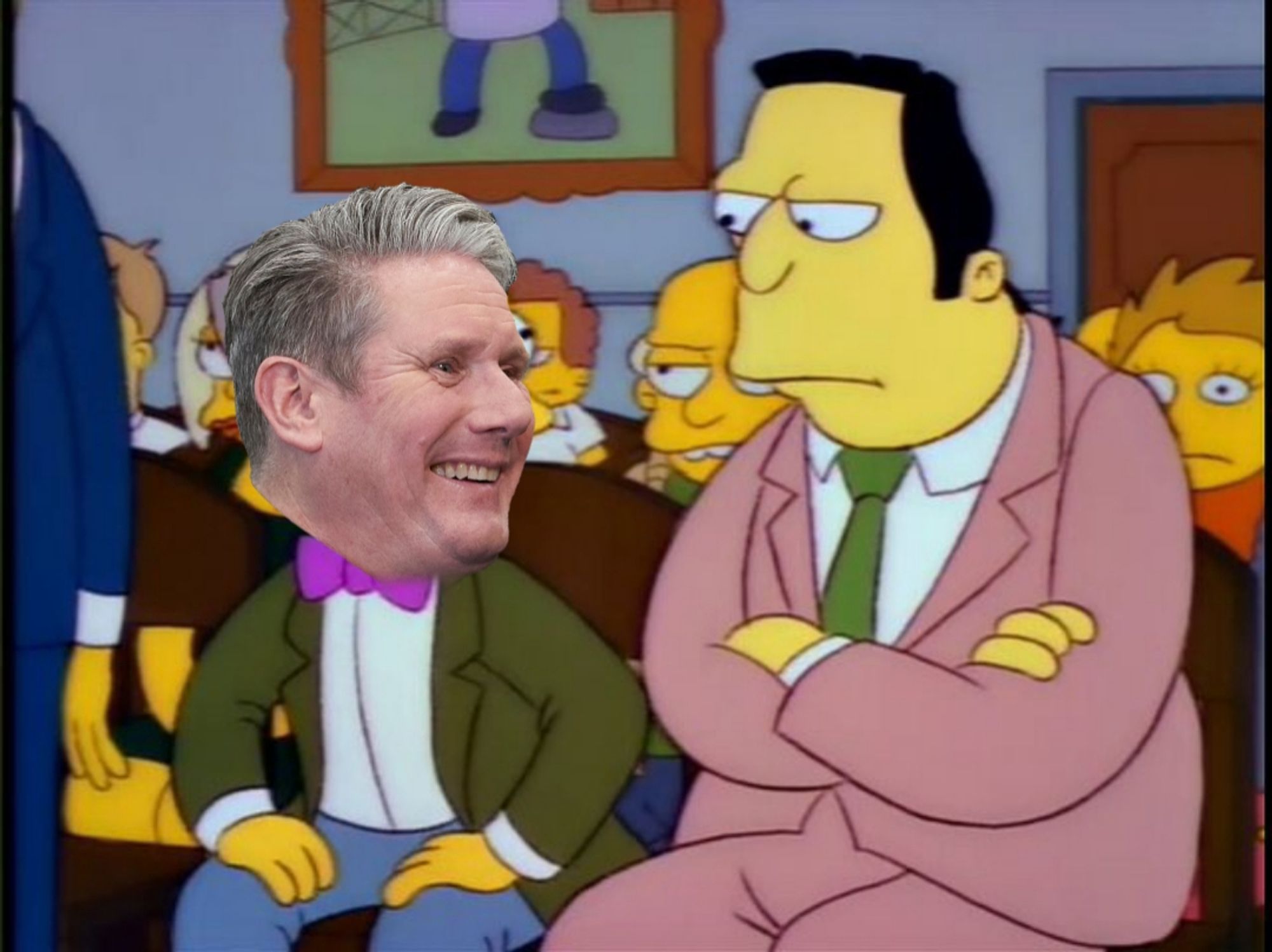 Starmer imposed on Smither's face while he turns to a burley looking man in a suit.