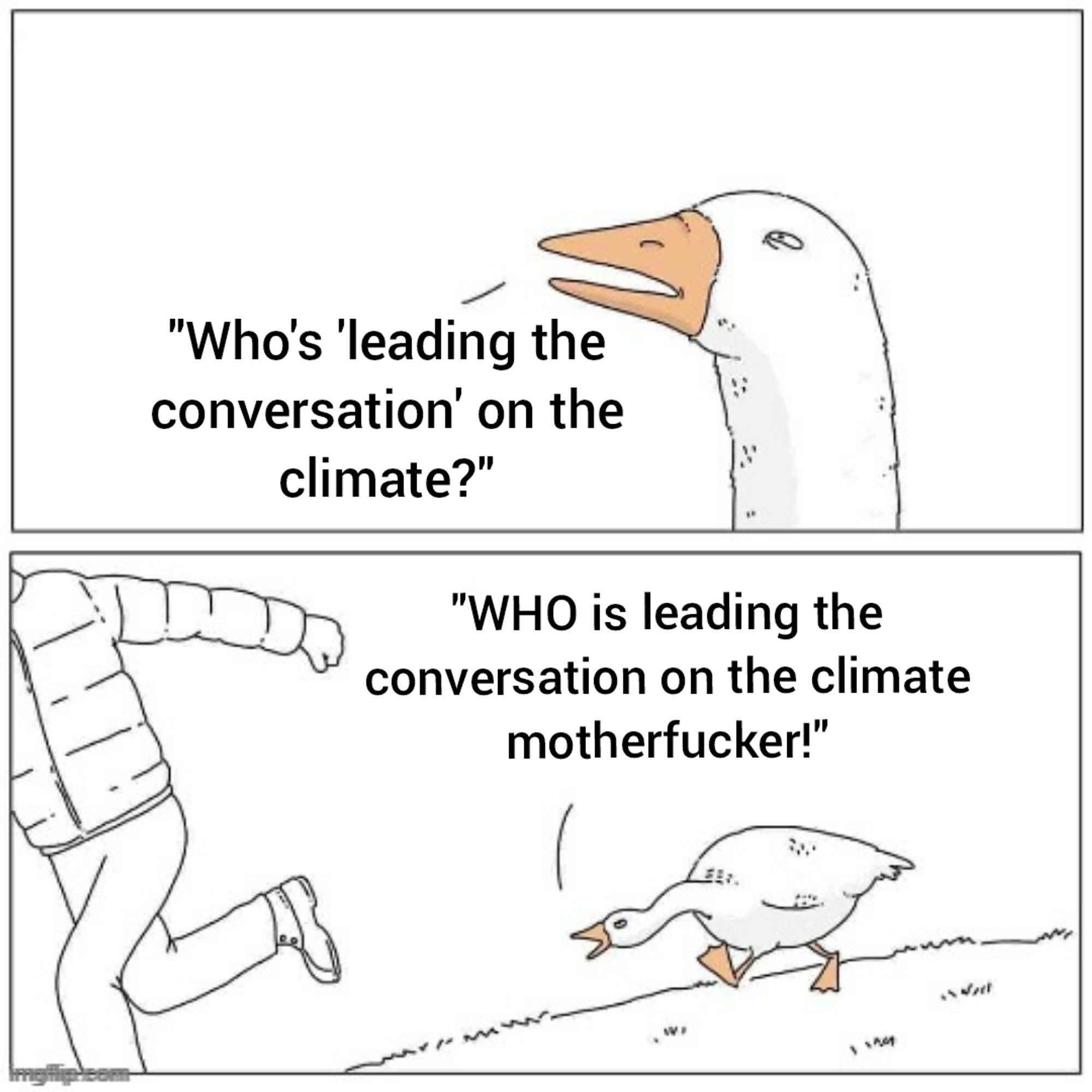 Goose chasing a man meme.

"Who's leading the conversation on the climate?""who is leading the conversation on the climate motherfucker