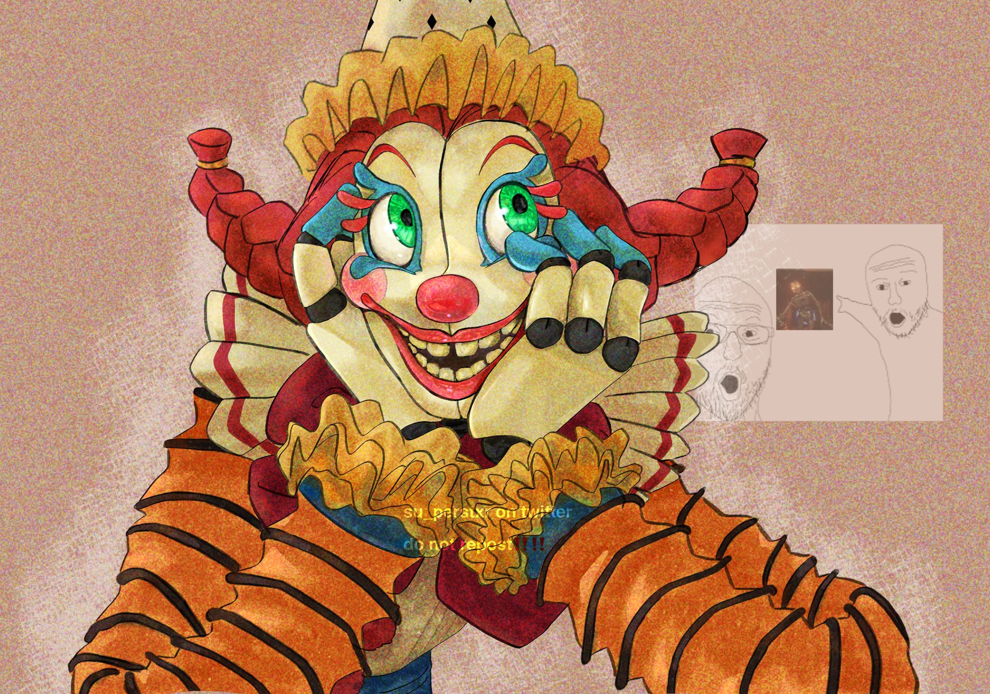 a drawing of Jackie from the upcoming 2025 game "Five Nights at Freddy's: Secret of the Mimic". Jackie herself is a jester-clown like animatronic, with red and blue eyelashes, a red nose and mouth, and green eyes with red hair in two braids. she wears a tan party hat with yellow ruffles at the rim, tan clothing with ruffled sleeves that have red stripes, and orange arms of a material i am not sure of but she can extend her arms so. she also has yellow ruffles on her wrists, and a red bow. the drawing shows only her top half, with her looking up to the top left in a happy expression, resting her head on her hands. what a joyful creature