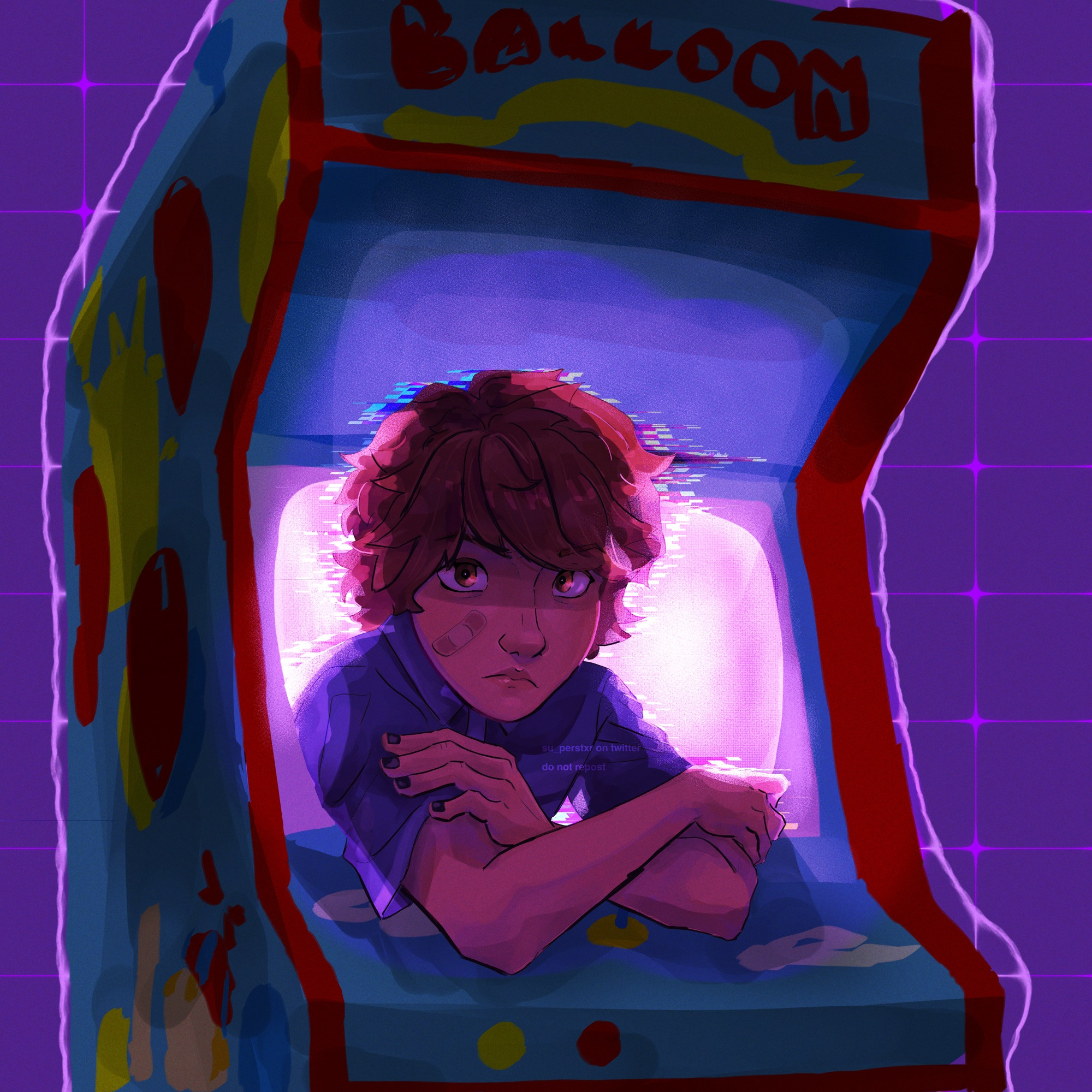 a drawing of Gregory from Five Nights at Freddy's: Security Breach, trapped in the Balloon World arcade machine from the game. Gregory is in his mostly canon design, blue collared shirt and a bandaid on his fave. his arms are crossed, leaning over the arcade cabinet's table thing? where the buttons are, i don't know what to call it. he also has black painted nails, and an annoyed-ish looking facial expression. looking closer, there are also glowing dots in his eyes, did that to reference ggy in a way, although that not being something included in the story itself, just a fun detail. the background behind it all is purple with a grid kind of pattern, and gregory appears a bit glitchy. 