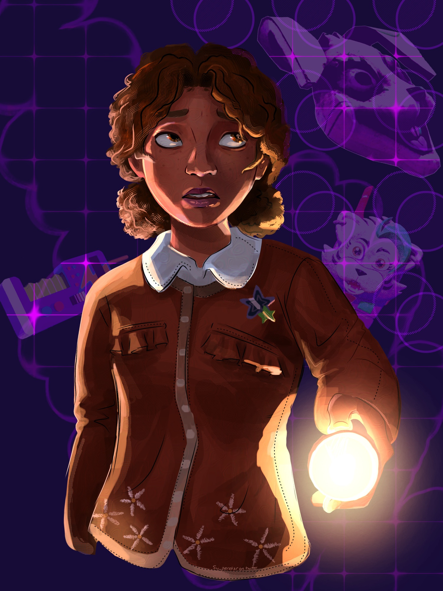 a drawing of Cassie from the RUIN dlc to Five Nights at Freddy's: Security Breach. wearing her outfit in RUIN being a red sweater with a white collar and daisies on the bottom, along with a pin of a purple and green star, she holds a flashlight that points to the viewer, and is looking to her upper left with a concerned facial expression and mouth open, like she is speaking. in the background, there are purple-tinted images of the VANNI mask, the Roxy-Talkie, and the Faz-wrench, along with patches of a grid-like pattern and circles, both in a neon-ish purple color, brighter than the dark purple background. the drawing of cassie however is in warmer lighting, along with the art style being inspired by the "Into the Spider-Verse" movies. 

i haven't done alt text before i hope this is okay 😼