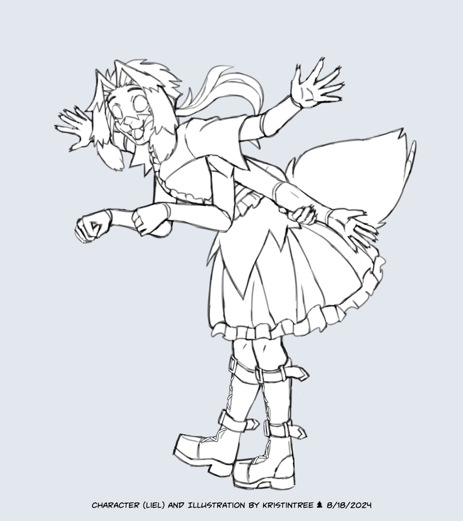 [Image 1] Liel, a half-spider girl, looks excited as she throws her multiple arms into the air! She is wearing a cute dress and tall leather boots. She has a tail that looks like a spider's abdomen.