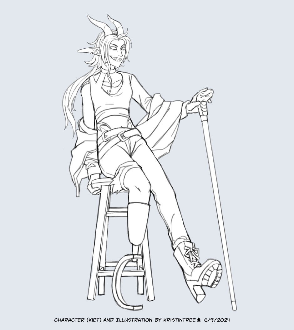 [Image 1] Kiet, an elf with dragon horns, sits on a stool with a cocky expression. She has a prosthetic leg and dragon head cane to balance herself.