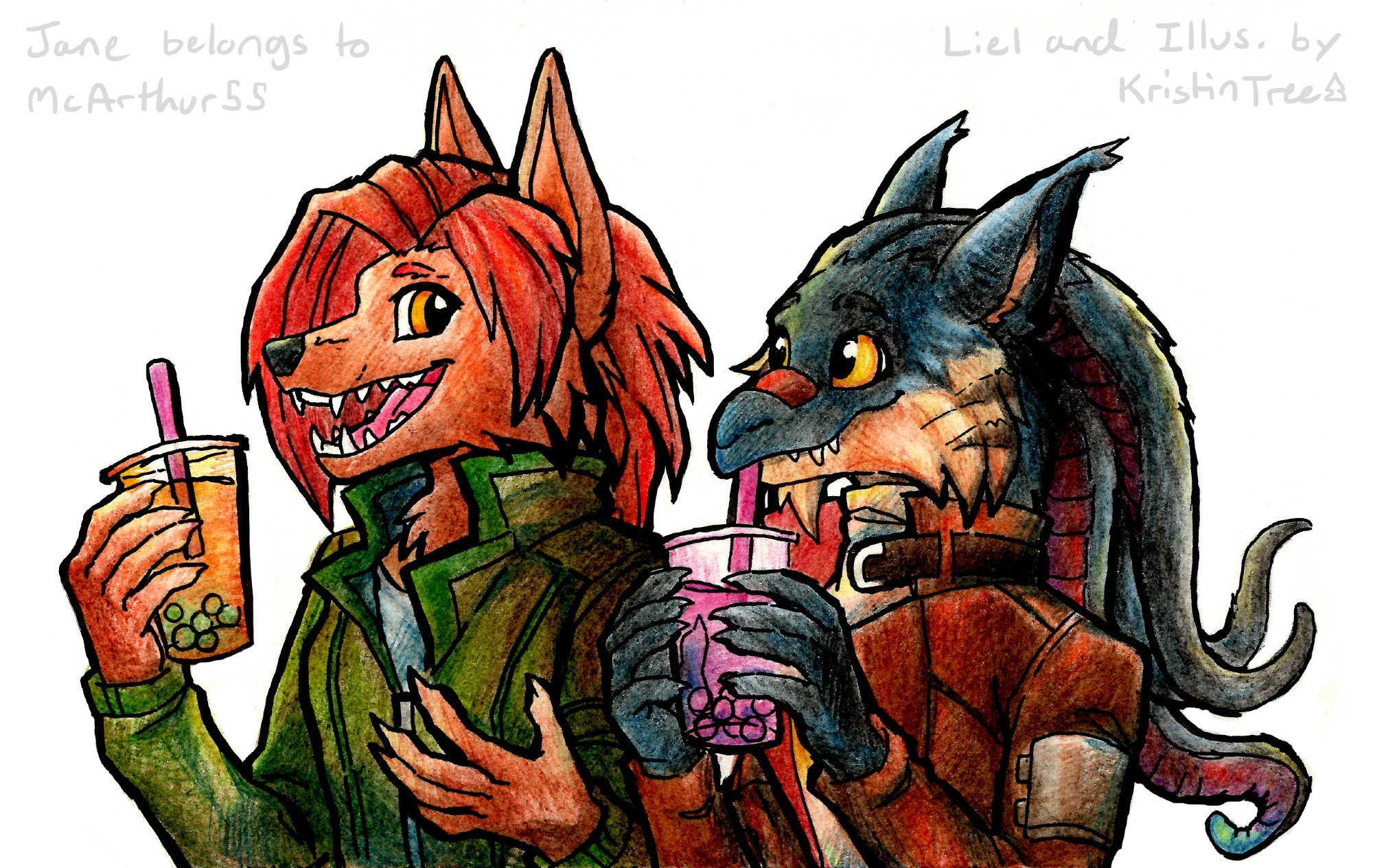 [Image 1] Jane (a brown fox anthro) and Liel (a black mammalian alien with head tendrils) are chatting while they each enjoy a bubble tea. Both have sci-fi jackets on; Jane is wearing green and Liel is wearing brown.