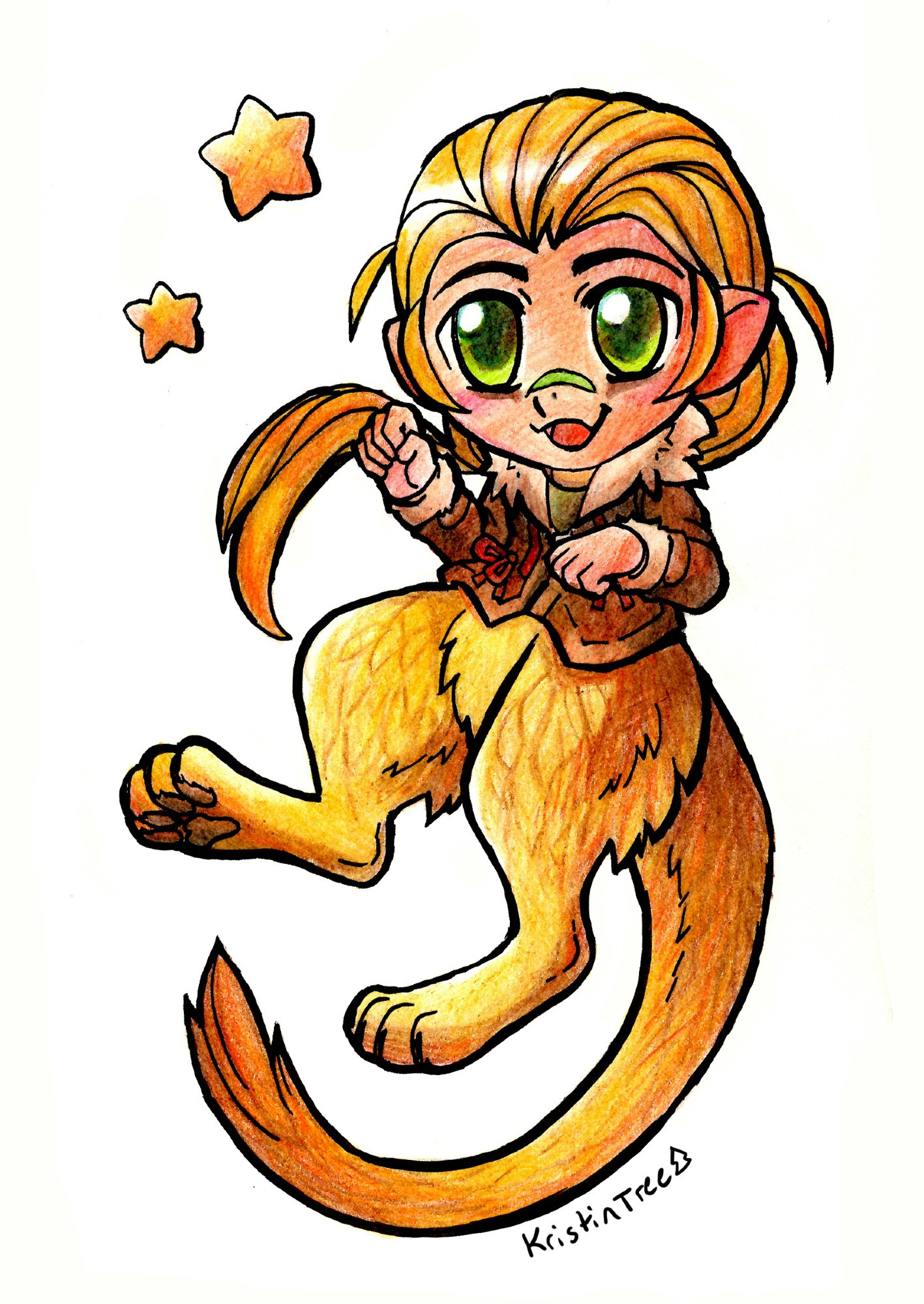 [Image 3] A cute colored drawing of Cheris (an elf with the lower half of a chomer/ lion-creature). Her hair and fur are a sunny shade of gold. She looks happy as she paws at the air!