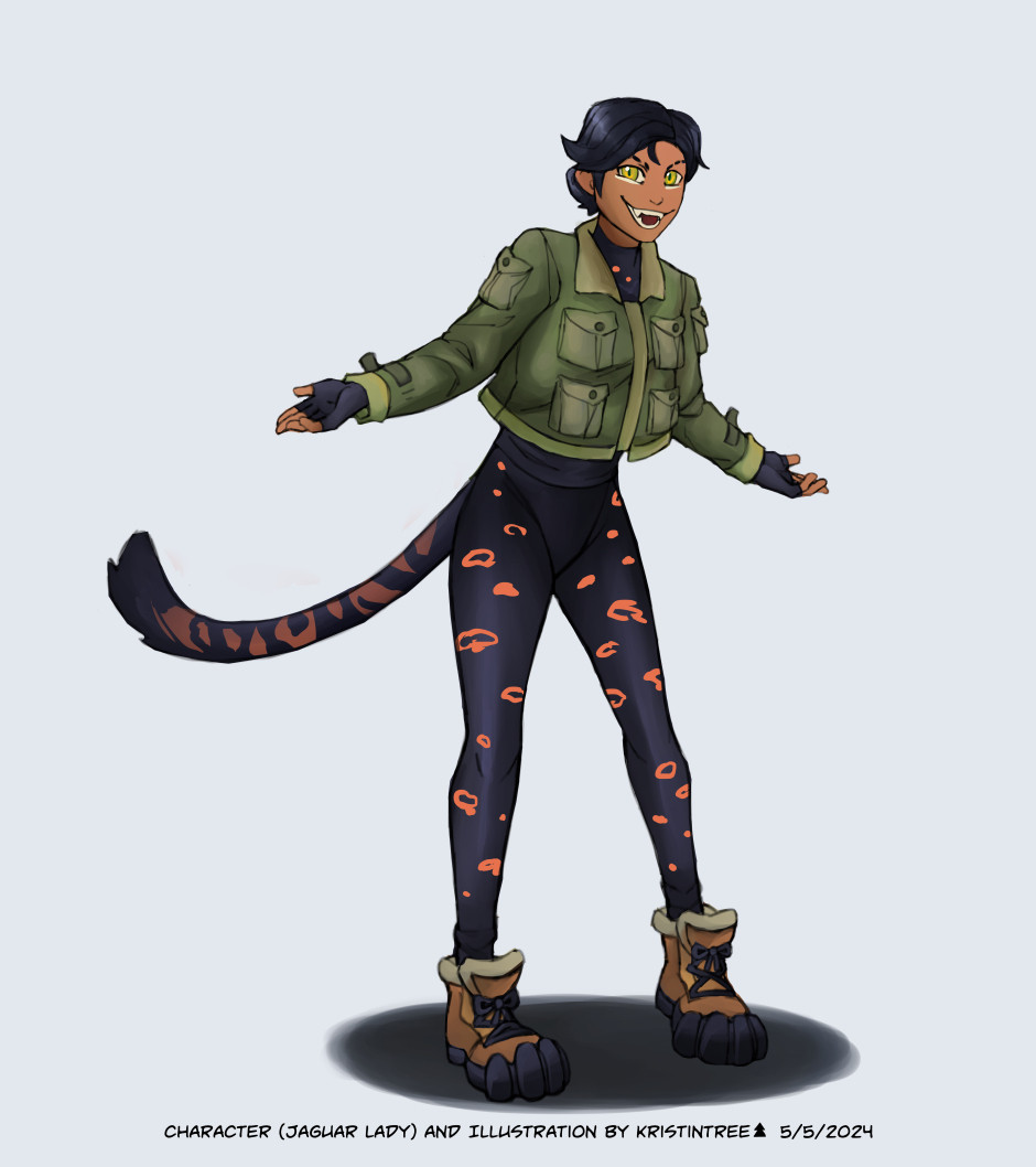 [Image 1] A woman with tan skin and black hair is wearing a cocky smile and standing in an antagonizing pose. She’s wearing a spotted body suit, and over sized green military jacket, and boots that look like cat paws. She has a black jaguar tail with light orange spots.