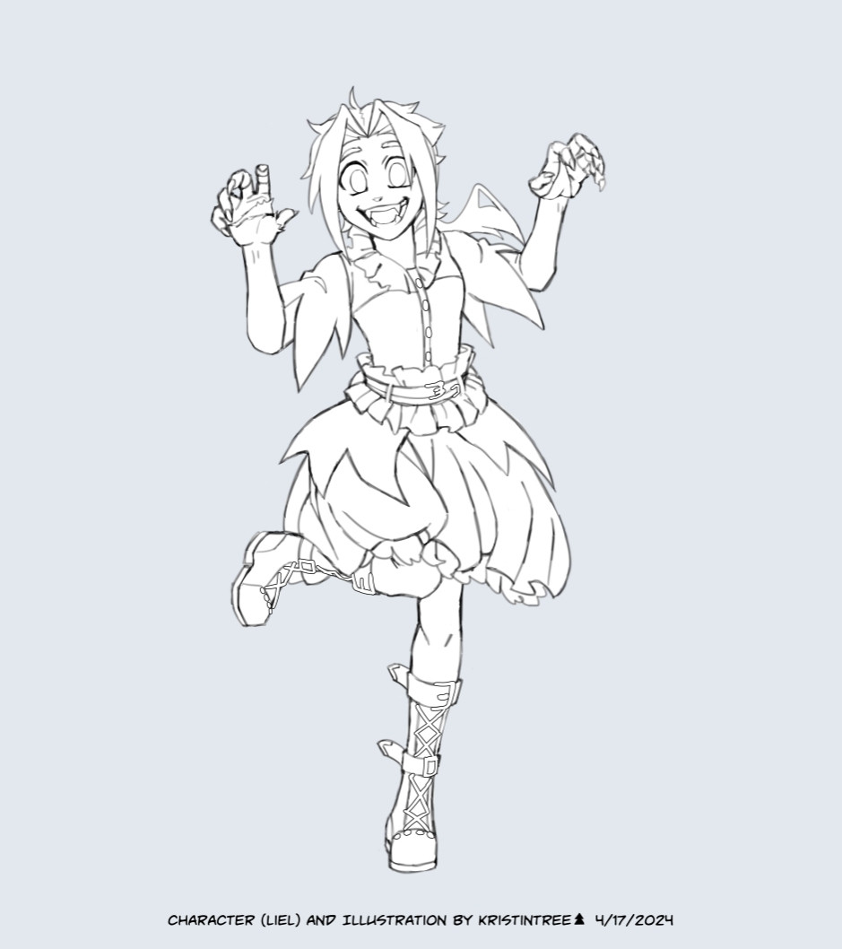 [Image 1] Liel, a young girl, is drawn looking excited! She has her arms up and claw-like nails exposed to make a cat-like impression. One leg is kicked up and her skirt is flowing with her movements.