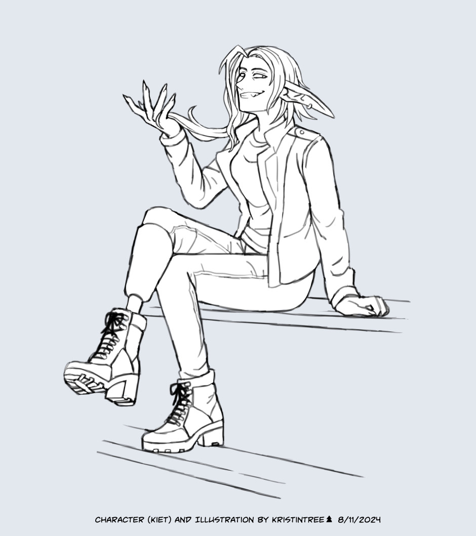 [Image 1] Kiet, an elf, sits and looks smug. She has one hand up with her long ponytail sliding through her fingers. Her right leg is a prosthetic with a boot on the end.