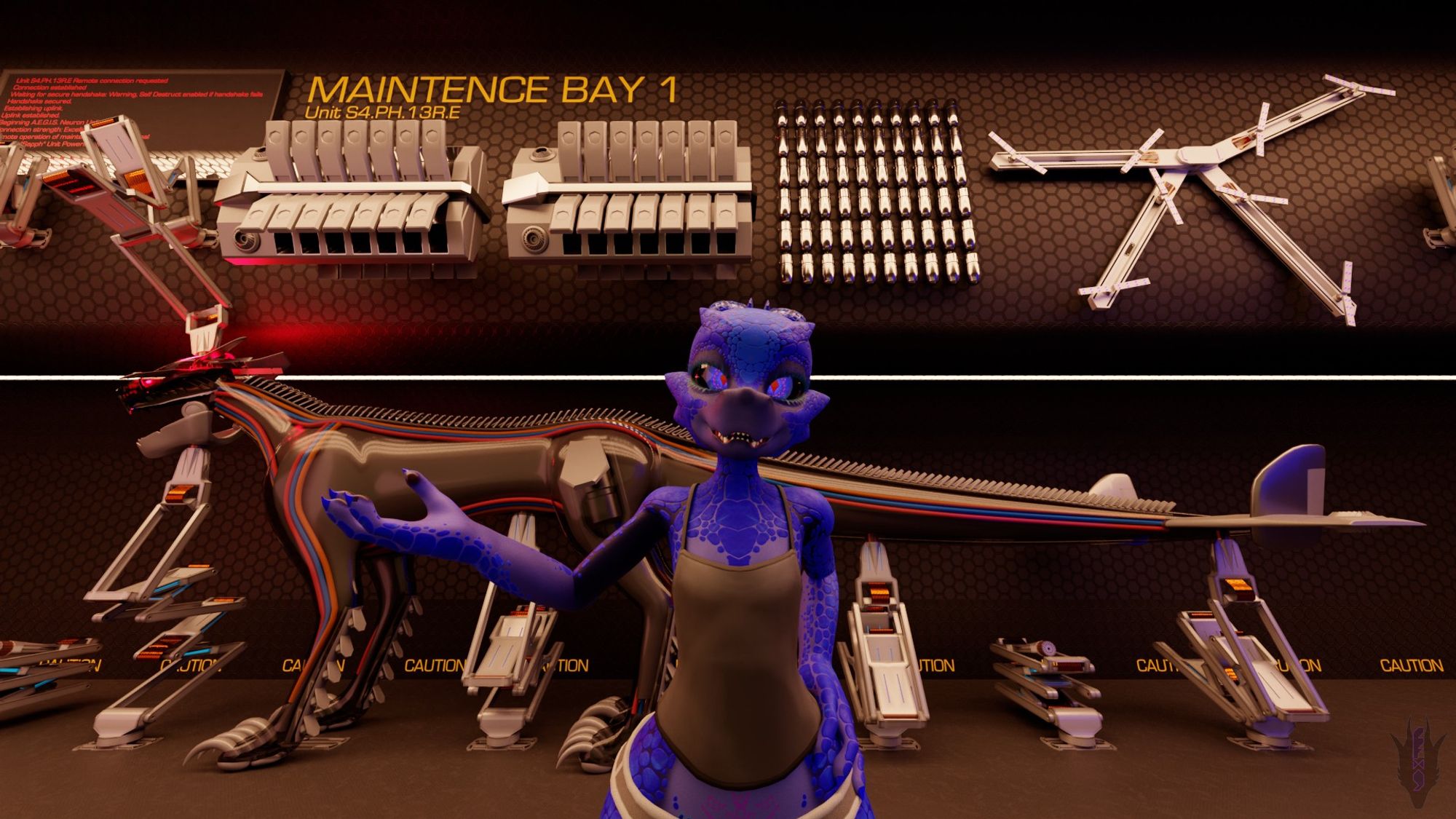 Sapphire the Cyber 'bold posed in front of their combat chassis. There is various machinery and arms holding the combat chassis in place.