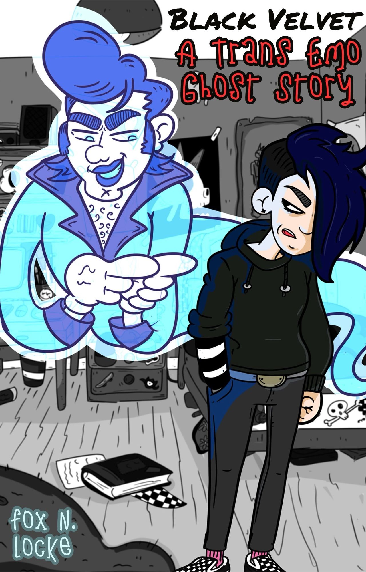 The front cover for the novel ‘Black Velvet: A Trans Emo Ghost Story’ by Fox N. Locke. It shows a cartoon ghost Elvis Presley beside a teen emo in a messy bedroom. Artwork by emjaysdream