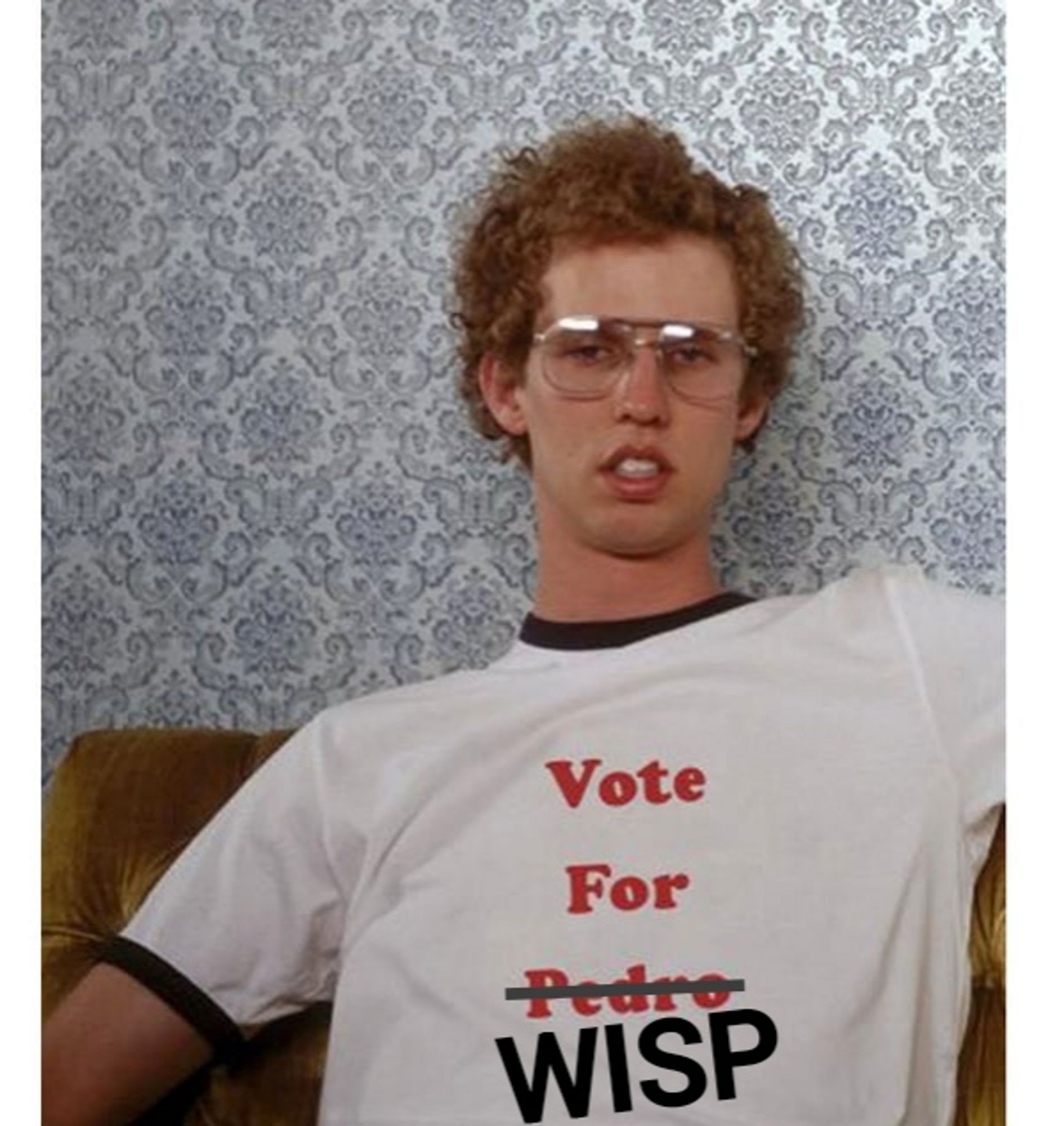 Napoleon Dynamite wearing a Vote for Pedro t-shirt, but Pedro is crossed out and replaced with Wisp.