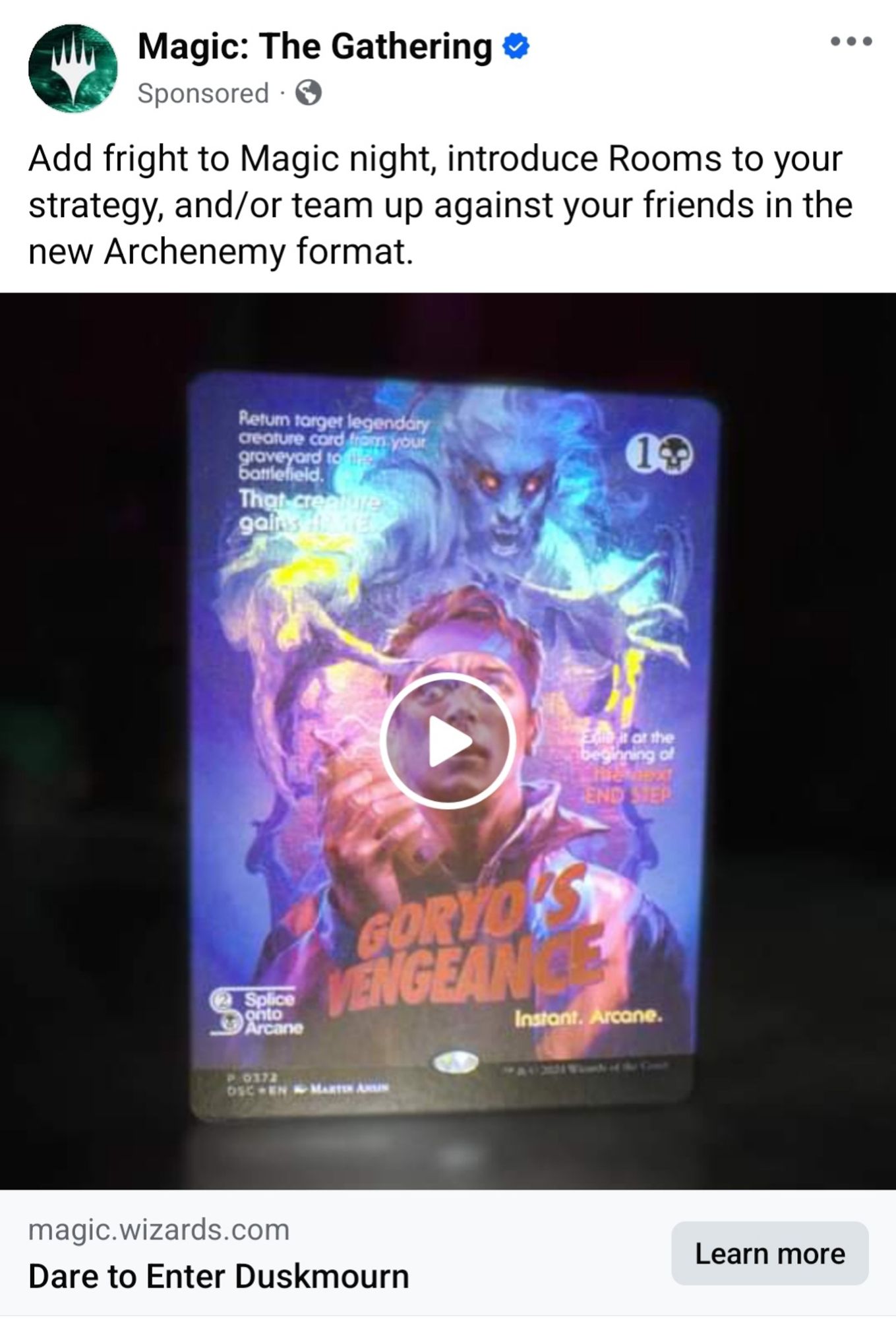 An ad for Magic: the Gathering's new spooky release with the text "Add fright to Magic night."