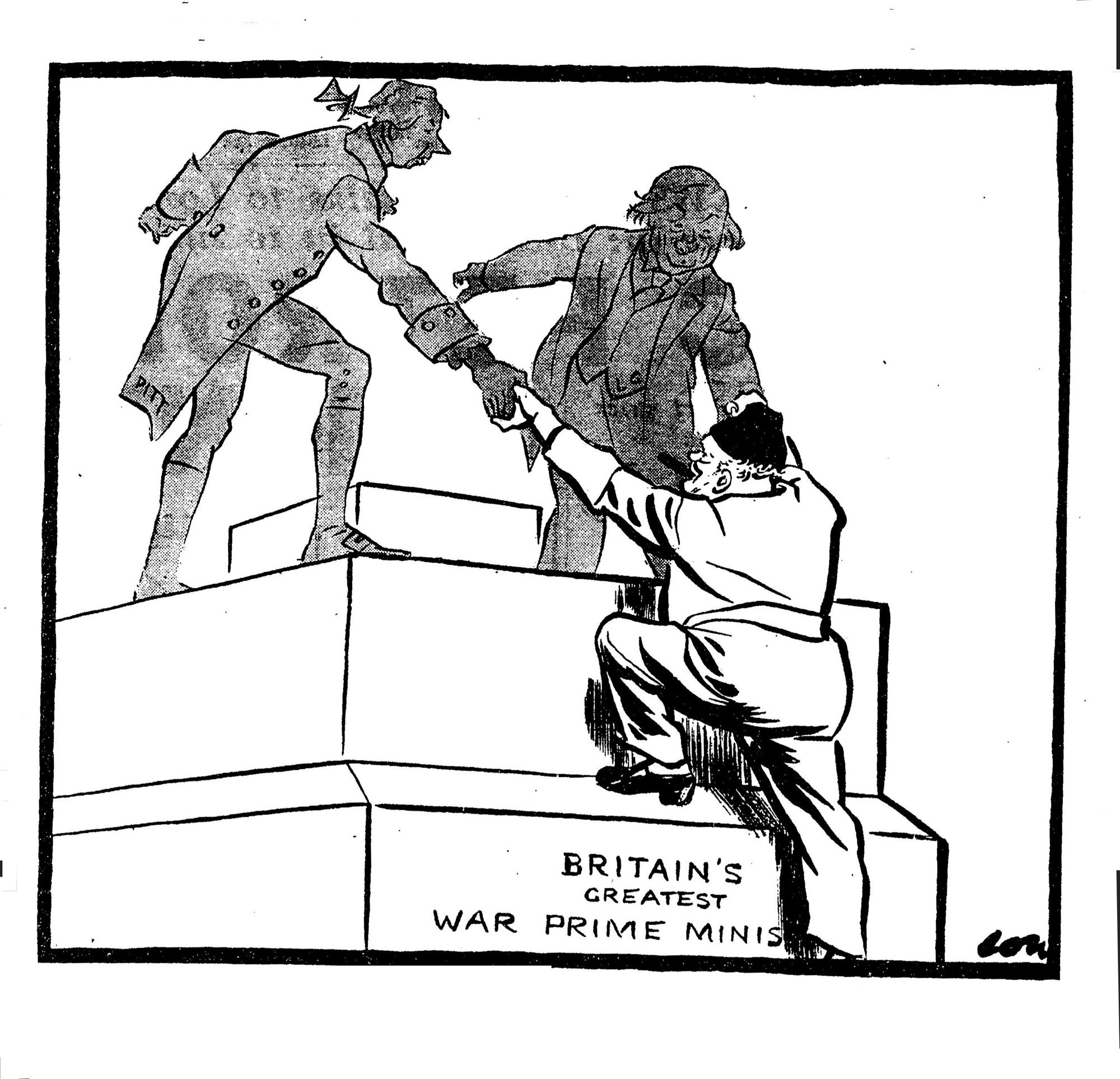 Soldiers help Churchill up onto a plenty upon which is written “Britain’s Greatest War Prime Minister”. Cartoon by Low.