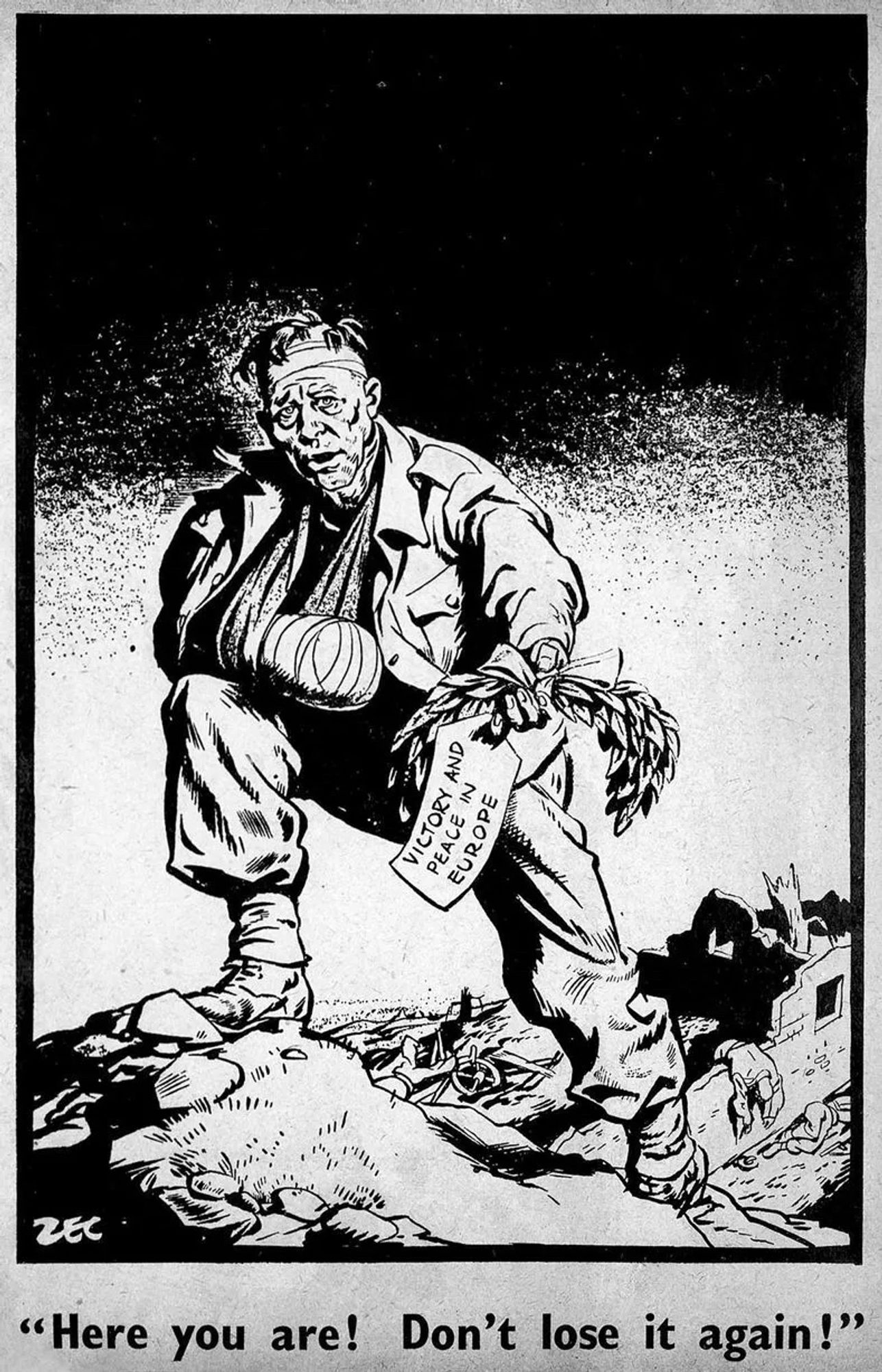 Battered, yet victorious soldier delivers peace for the Allies and says: “Here you are! Don’t lose it again!” (Cartoon by Zec)