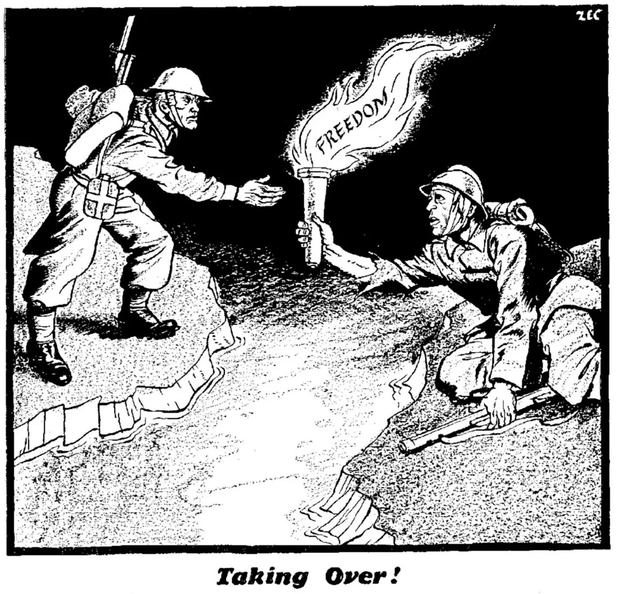 “Taking Over” is the caption of this black and white cartoon by Zac which shows one soldier passing the burning torch of freedom to another.