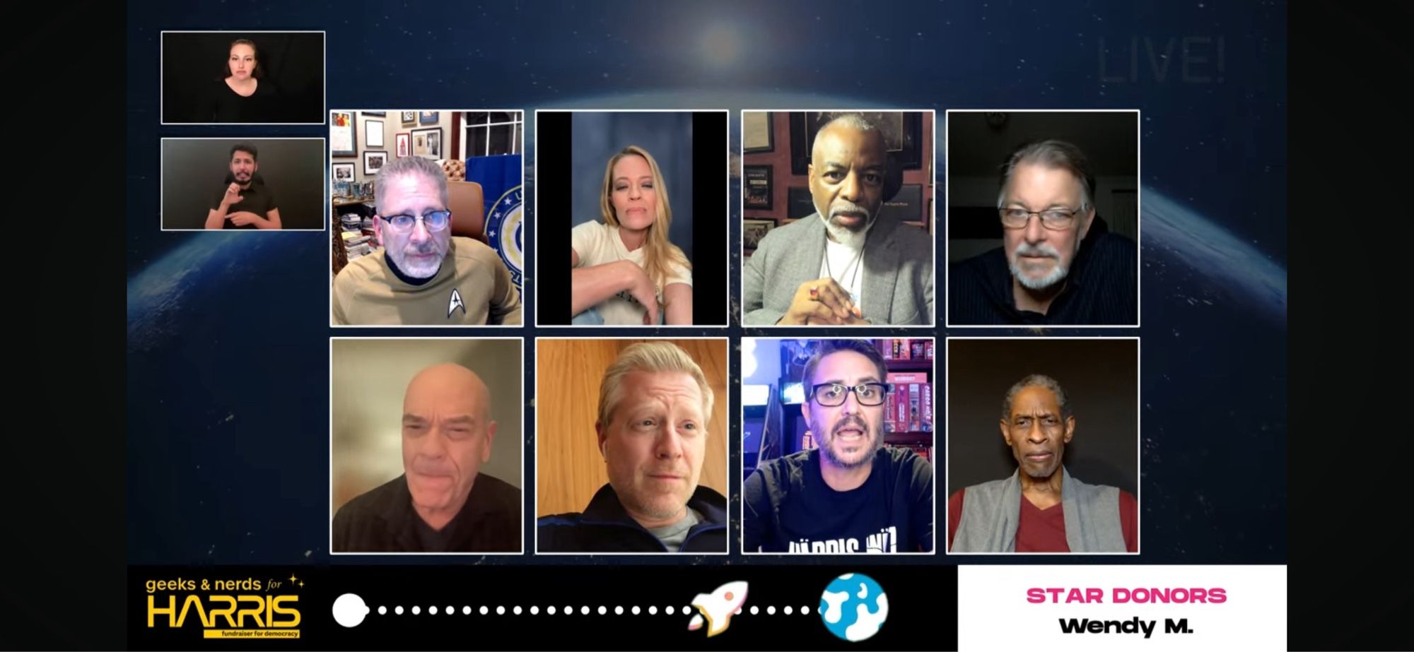 Photo of the Star Trek actors on the Geeks and Nerds for Harris call!