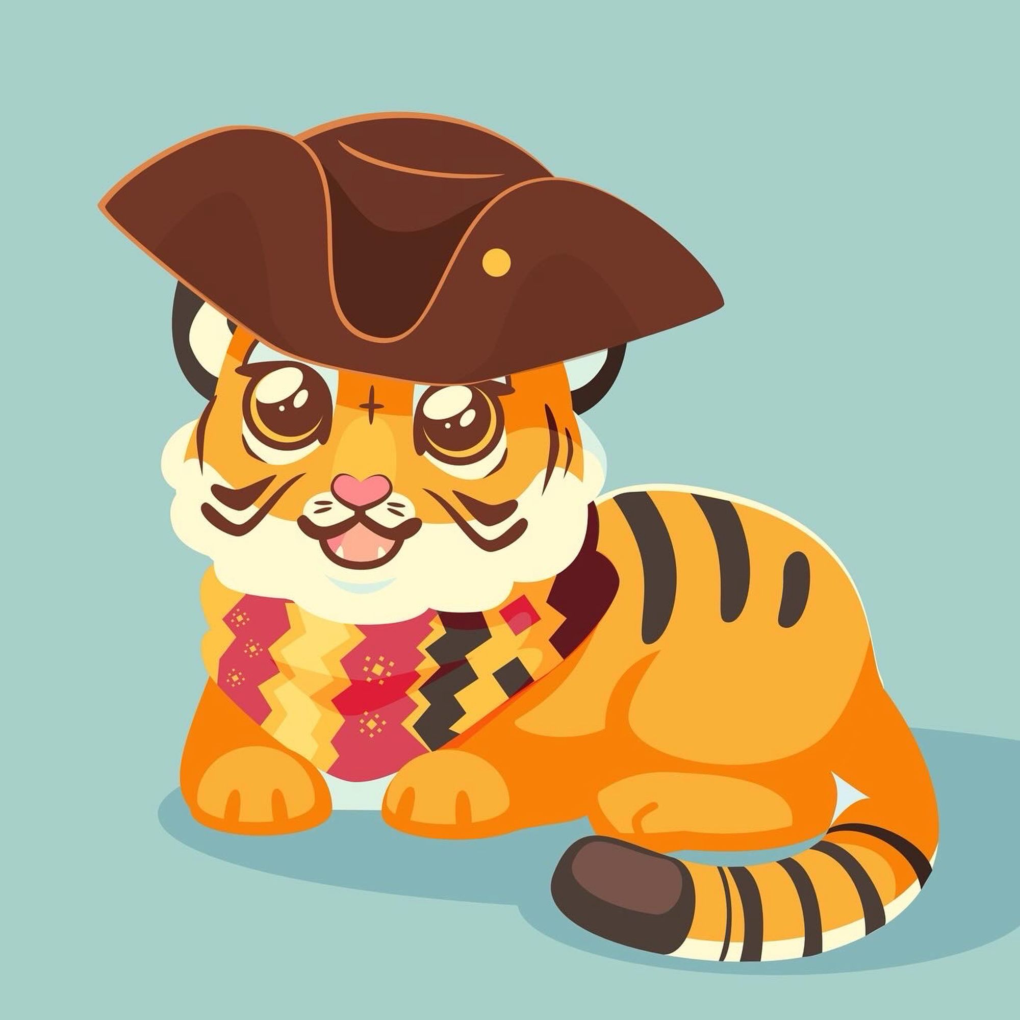 chibi drawing it the cute tiger kitten from like a dragon pirate yakuza in hawaii but with a tricorn hat